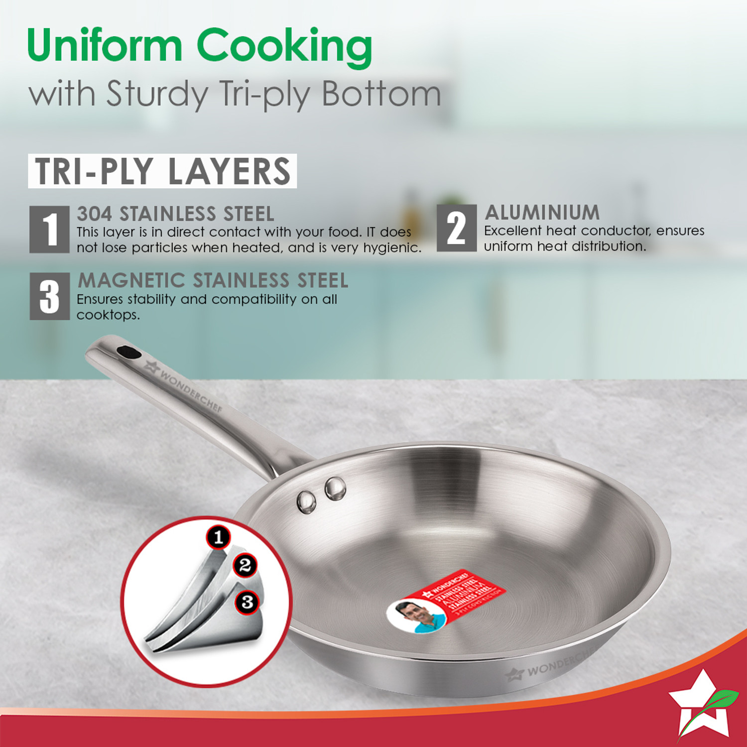 Image of WONDERCHEF Stella Tri-Ply Induction Bottom Cookware Set (Triply, Stainless Steel, 1 - Piece)