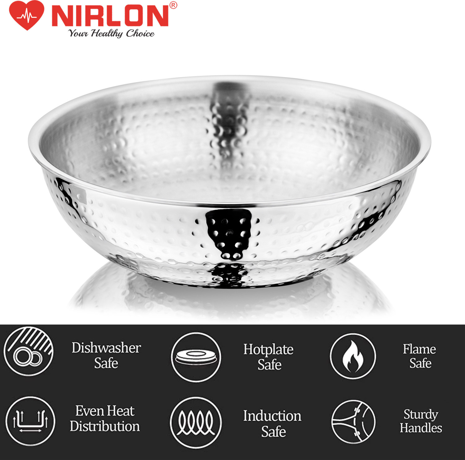 Image of NIRLON Hammered Triply Steel Cookware Tasla Set of 2 22cm-2.1L with Glass Lid Induction Bottom Cookware Set