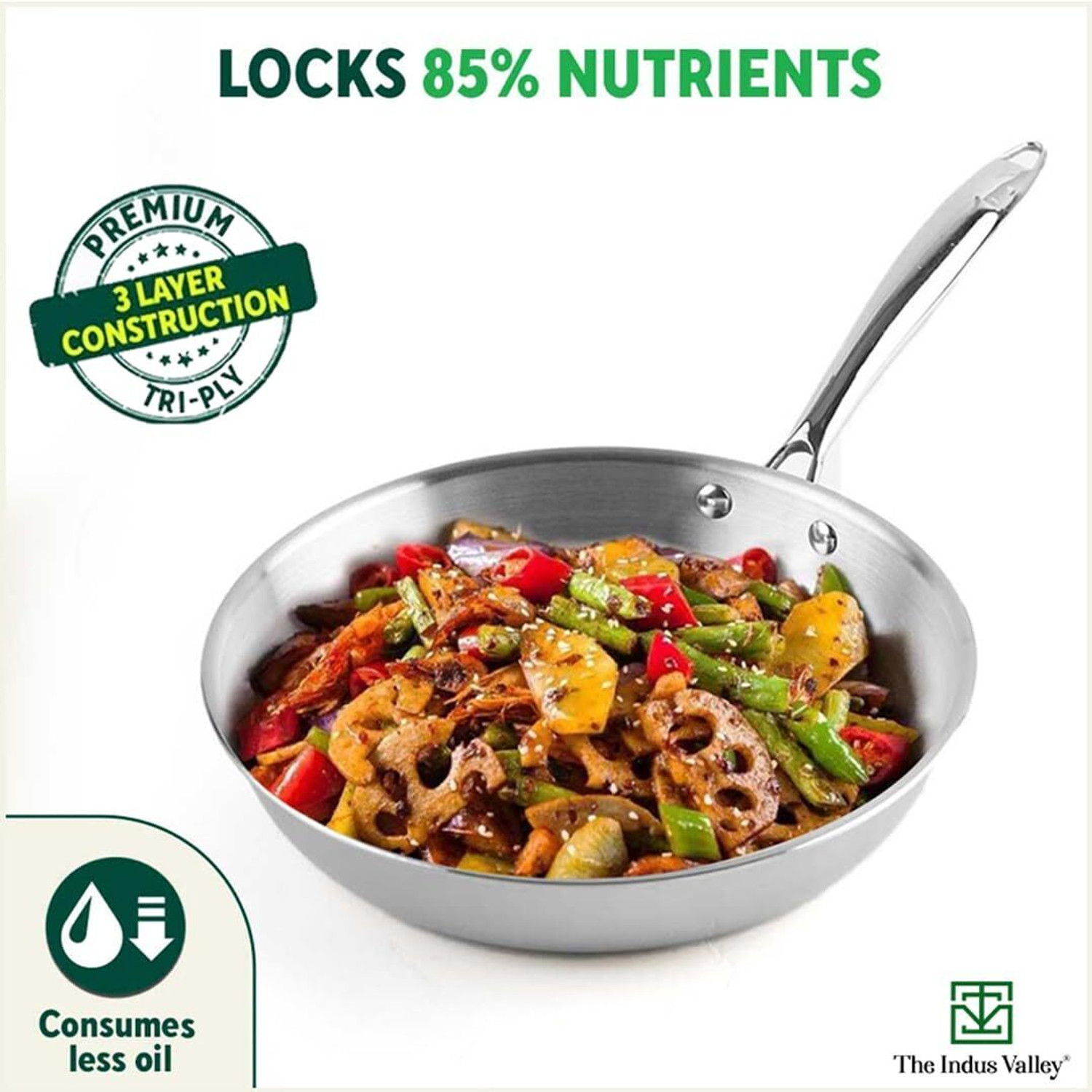 Image of The Indus Valley Triply Stainless Steel Fry Pan with Free Wooden Spatula | 26cm /10.2 inch, 1.9Ltr Induction Bottom Cookware Set
