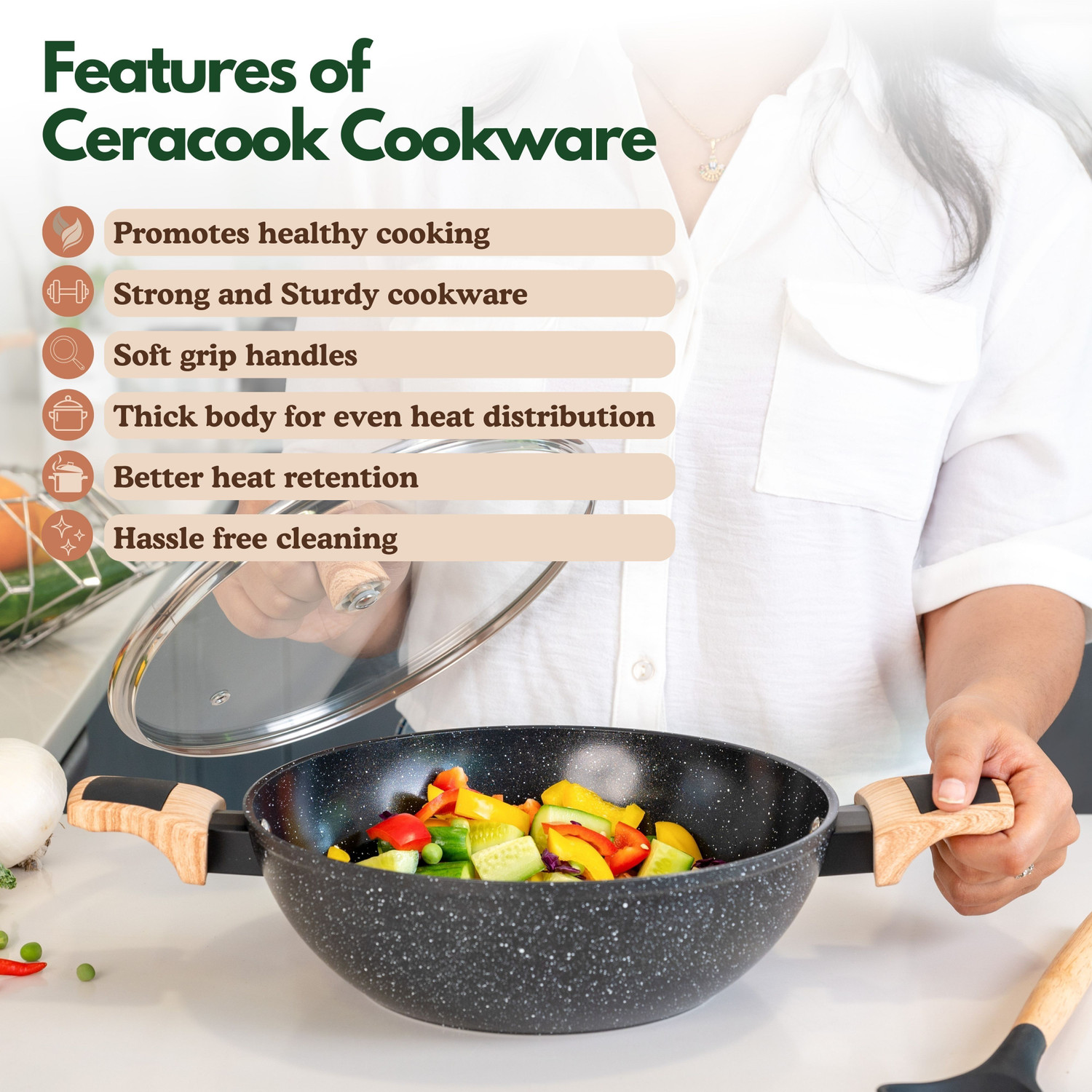 Image of Kreme Ceracook Granite Ceramic Cookware Set of 3pcs Induction Bottom Non-Stick Coated Cookware Set