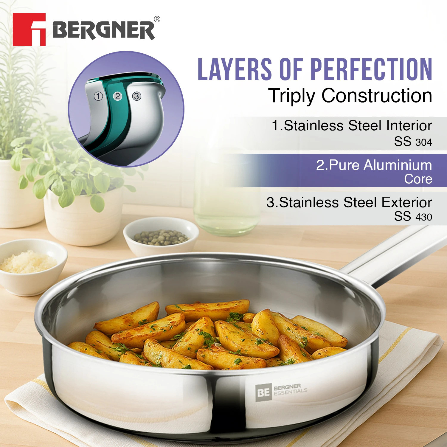 Image of BERGNER BE Essentials TriPro Tri-Ply 7 Pcs Cookware Set| Gifting Set| Triply Set Induction Bottom Cookware Set