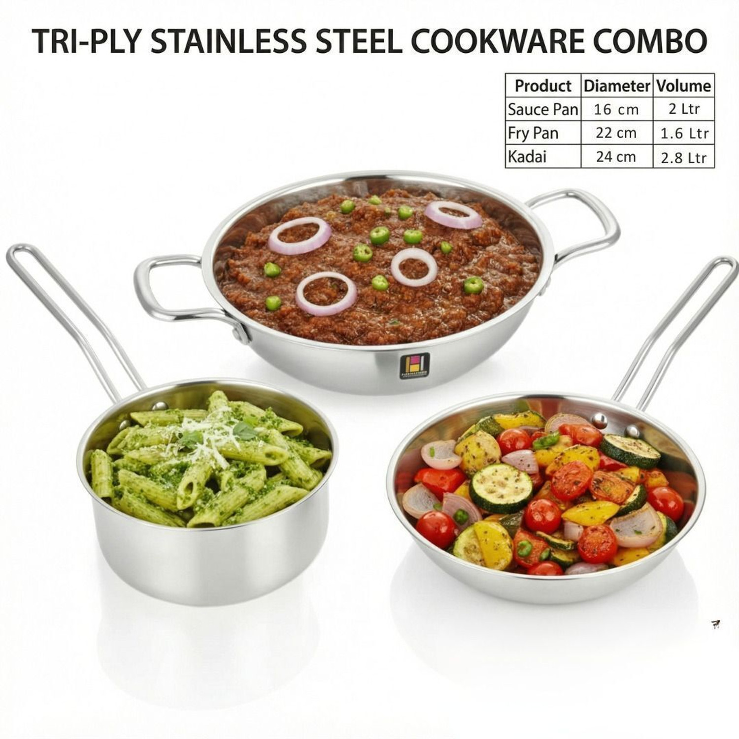 Image of Human Hydro Prime Triply Cookware Combo - 16cm Sauce Pan, 22cm Fry Pan, 24cm Kadai Induction Bottom Cookware Set