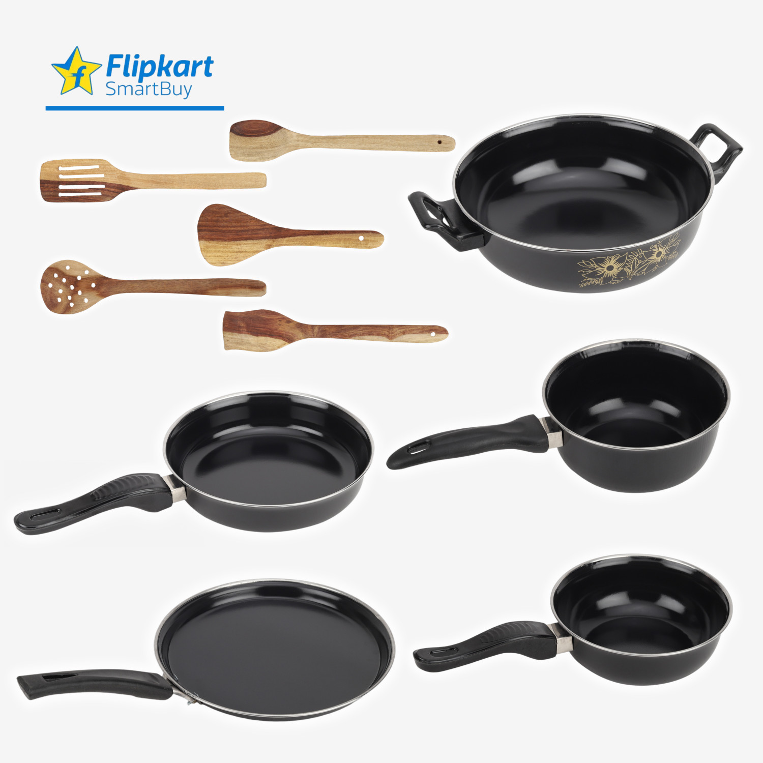 Image of Flipkart SmartBuy Set of Kadhai, Tawa, Fry Pan, Sauce Pan, Tadka Pan & 5 Wooden Spatula 09 | Induction Bottom Non-Stick Coated Cookware Set