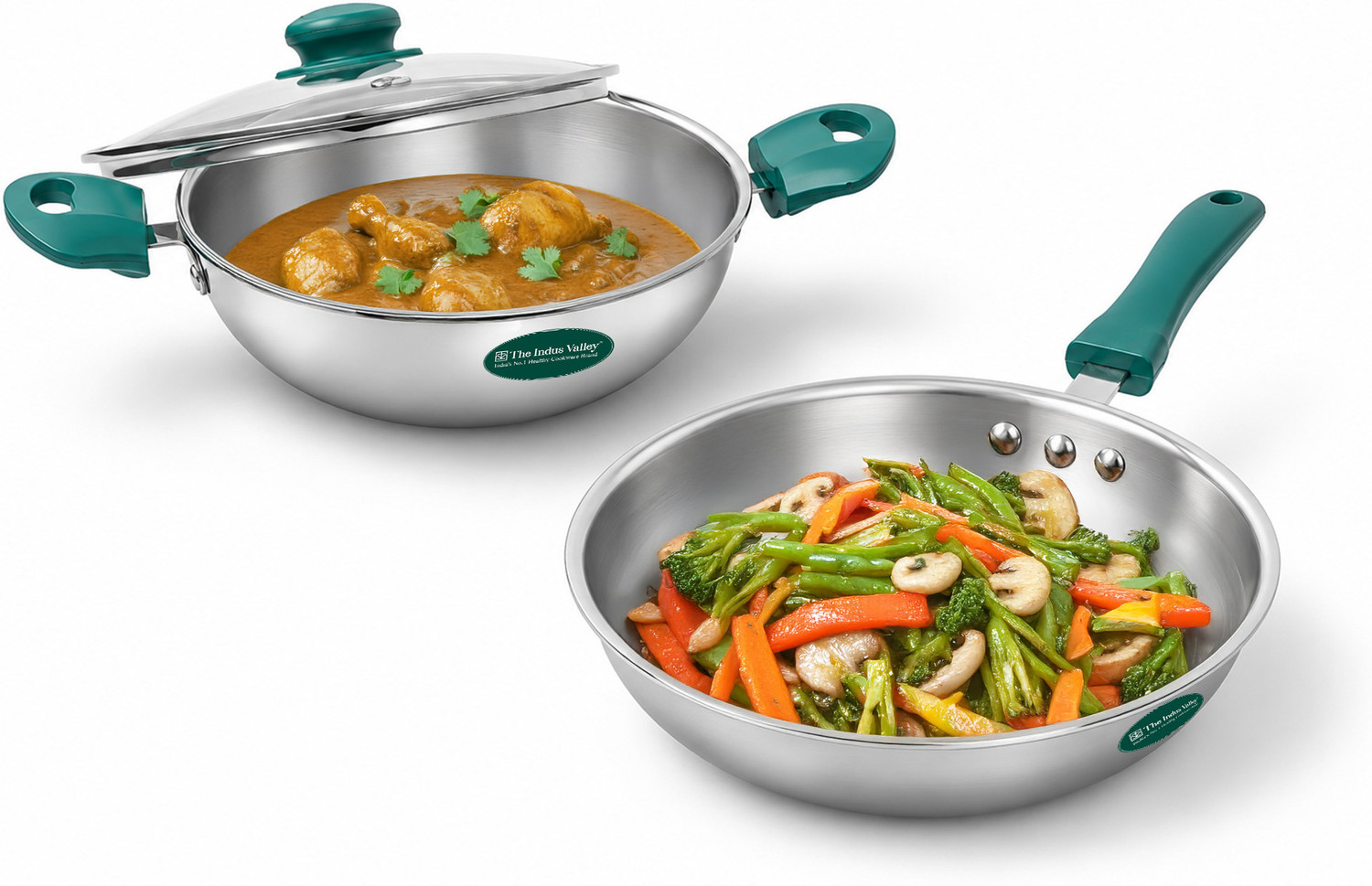 Image of The Indus Valley Triply Stainless Steel Cookware Set- kadai and Fry pan Induction Bottom Non-Stick Coated Cookware Set