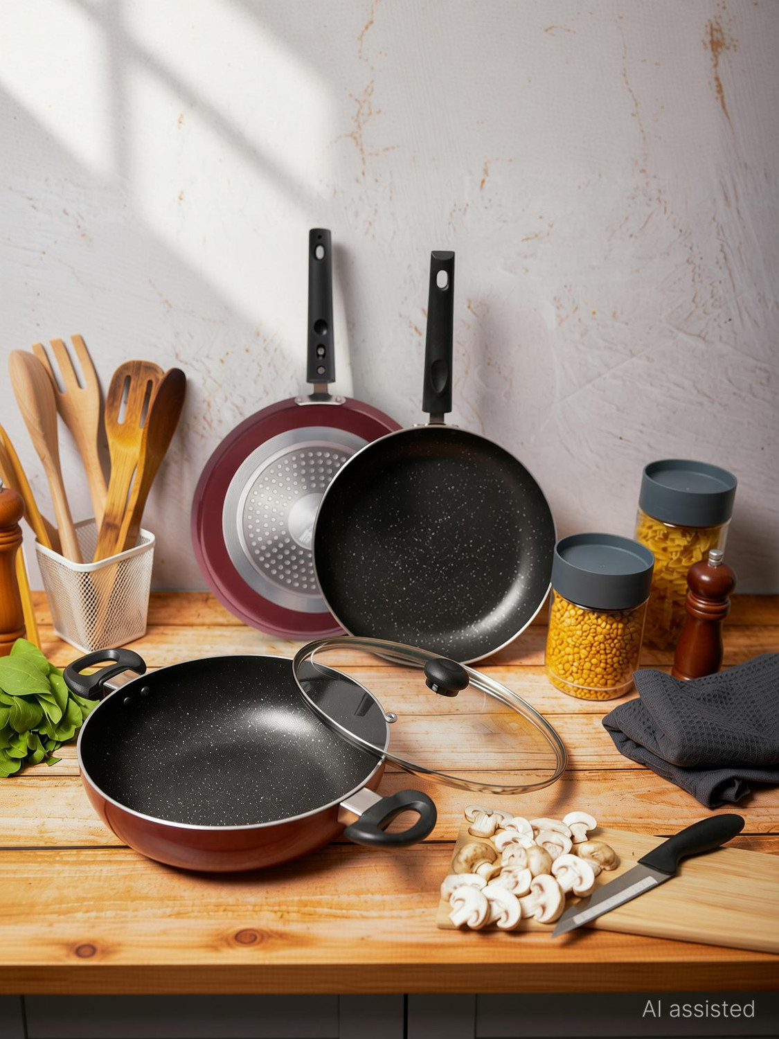 Image of Supreme Cookware Kadhai / Tawa / Fry Pan Induction Bottom Non-Stick Coated Cookware Set