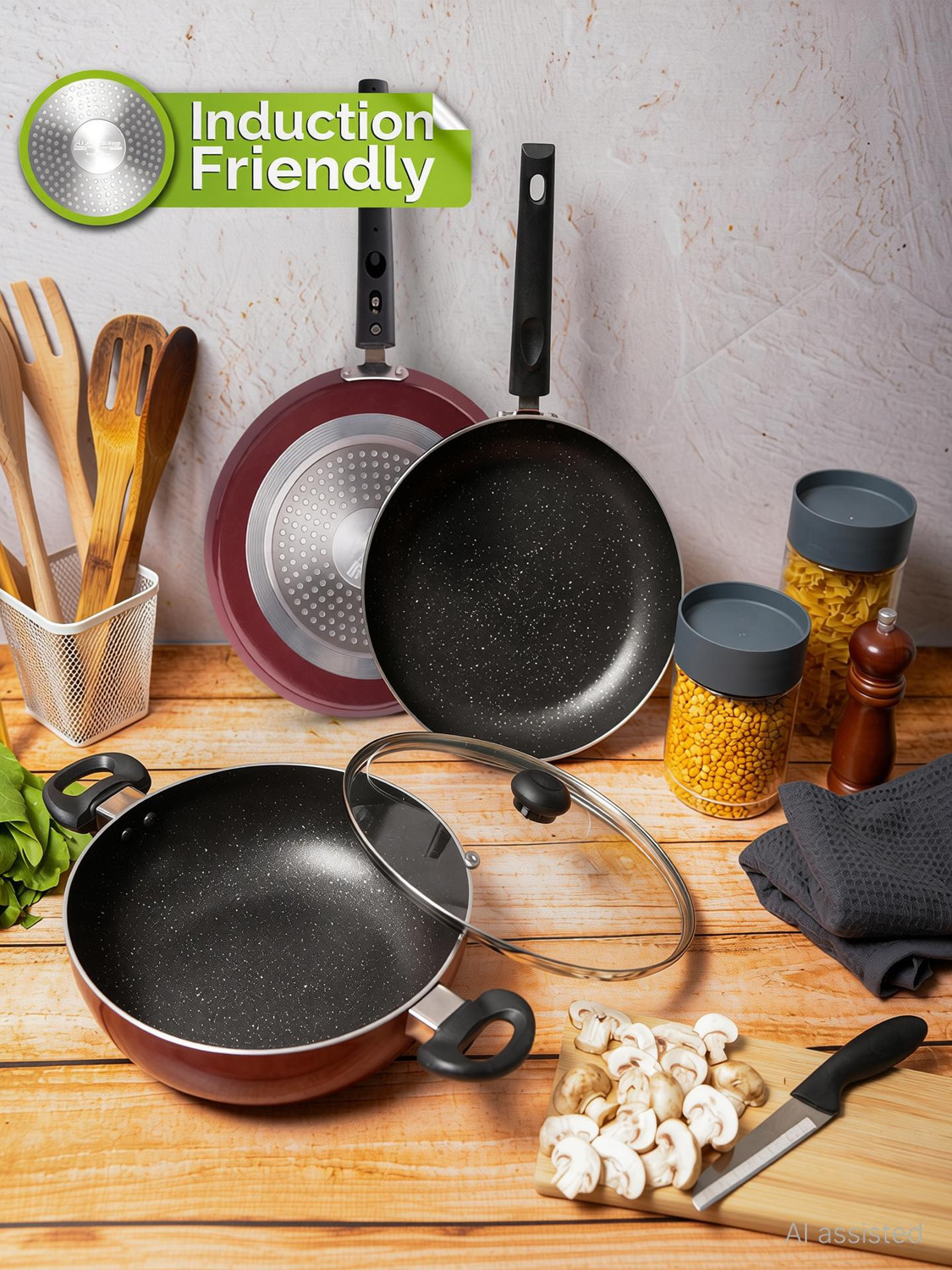 Image of Supreme Cookware Kadhai / Tawa / Fry Pan Induction Bottom Non-Stick Coated Cookware Set