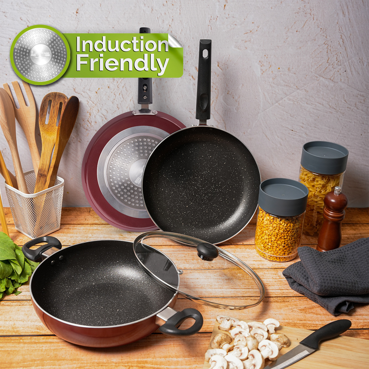 Image of Supreme Cookware Kadhai / Tawa / Fry Pan Induction Bottom Non-Stick Coated Cookware Set