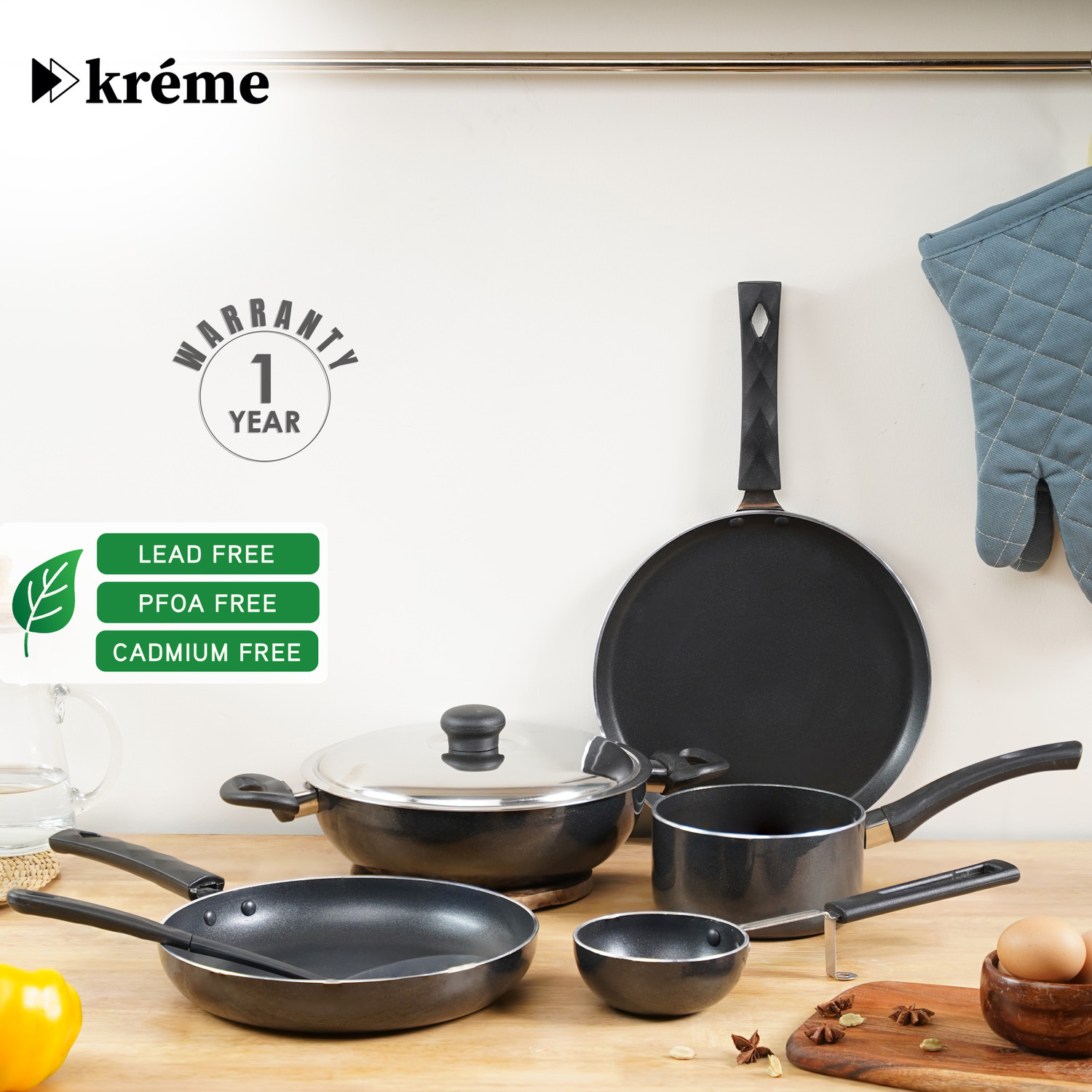 Image of Kreme Kitchen Starter Kit Non-Stick Coated Cookware Set (Aluminium, 7 - Piece)
