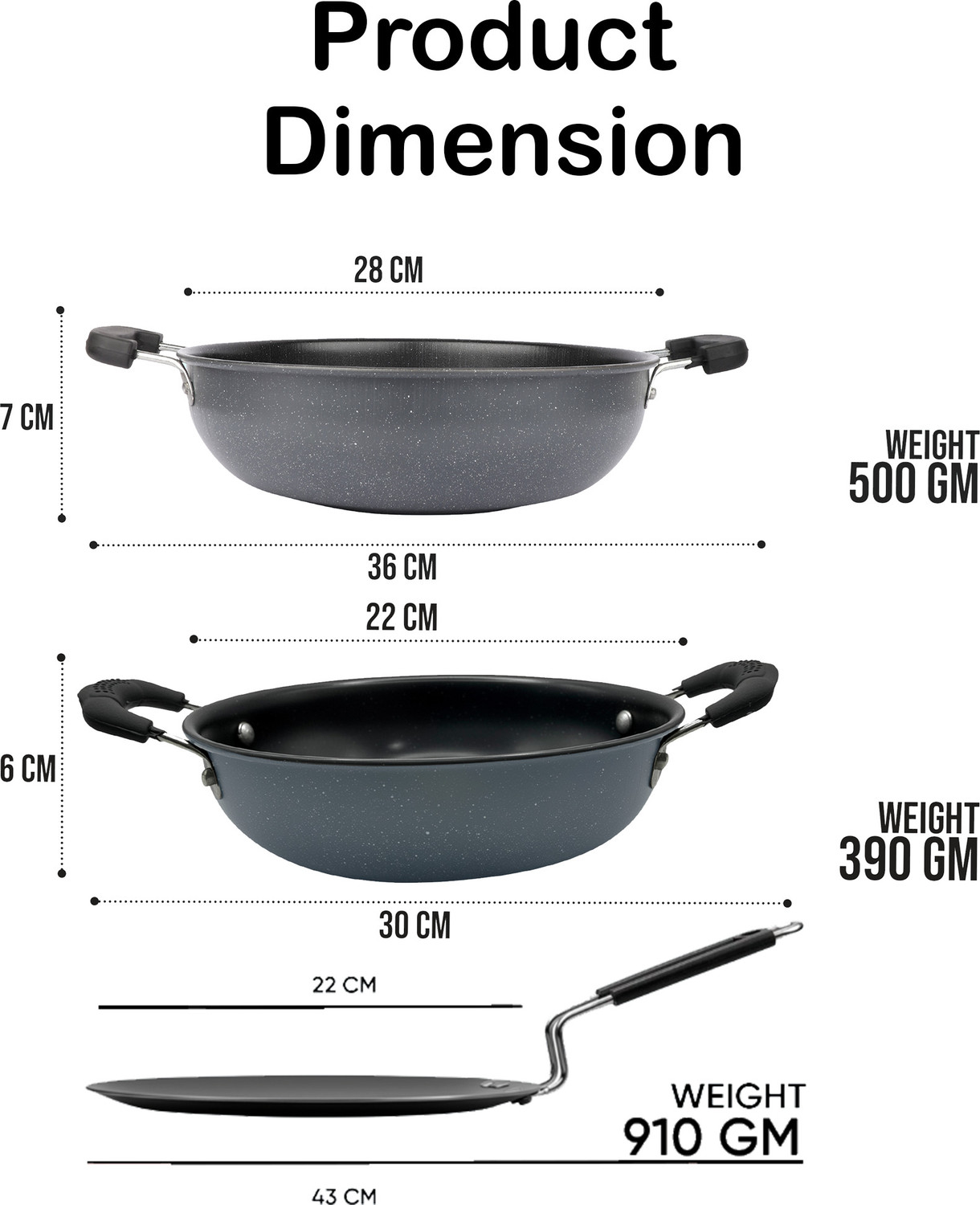 Image of Dozy Iron-Rich Nonstick 3-Piece Cookware Combo: Kadhai & Tawa Set Induction Bottom Non-Stick Coated Cookware Set