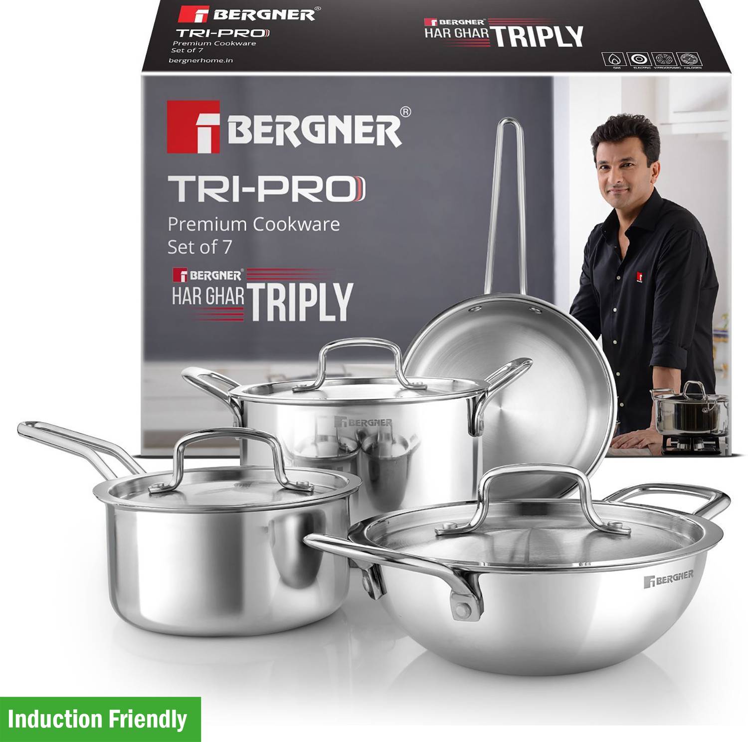 BERGNER Tripro Triply Stainless Steel 7 Pcs Induction Bottom Cookware Set