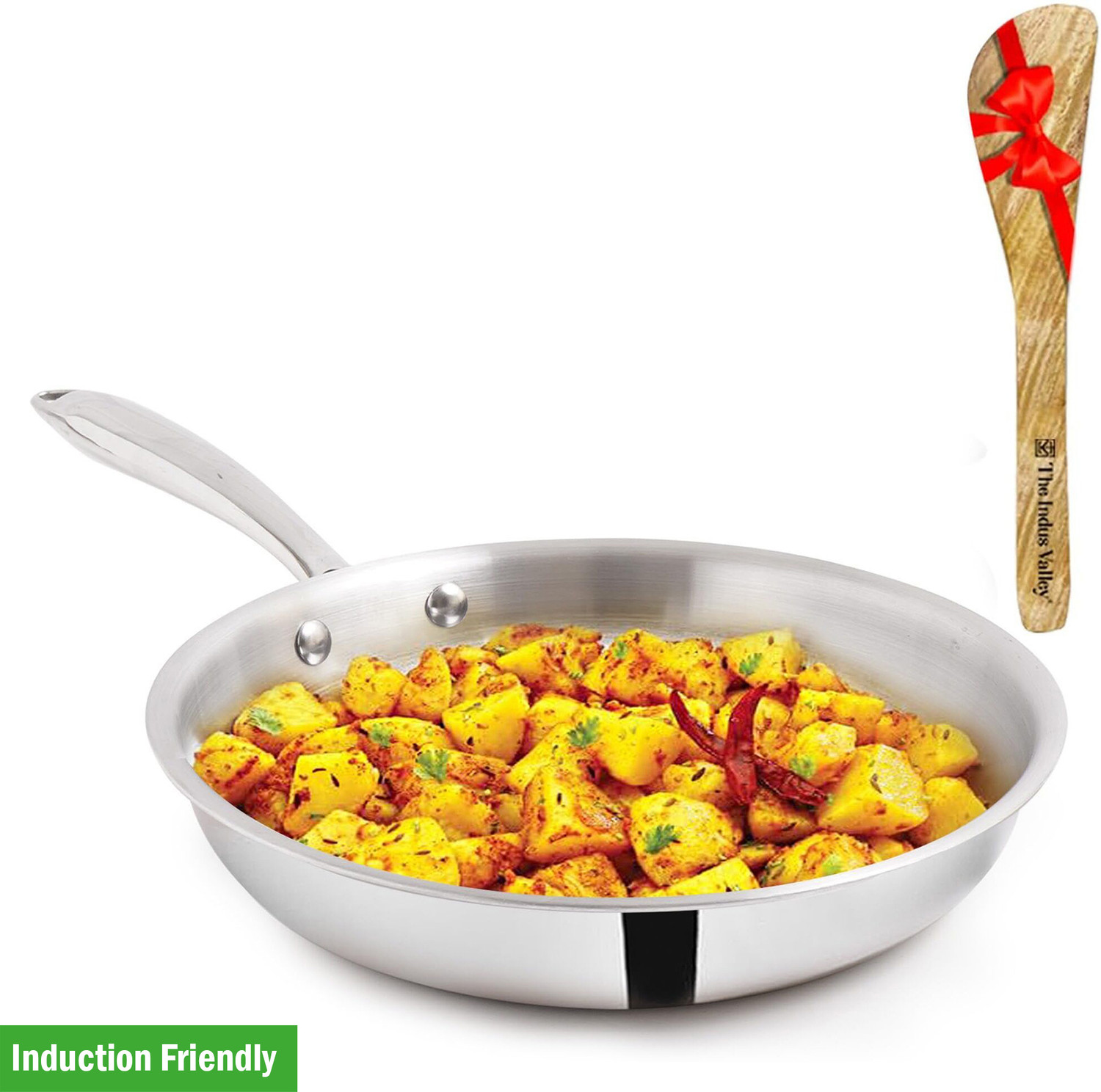 Image of The Indus Valley Triply Stainless Steel Fry Pan with Free Wooden Spatula | 26cm /10.2 inch, 1.9Ltr Induction Bottom Cookware Set