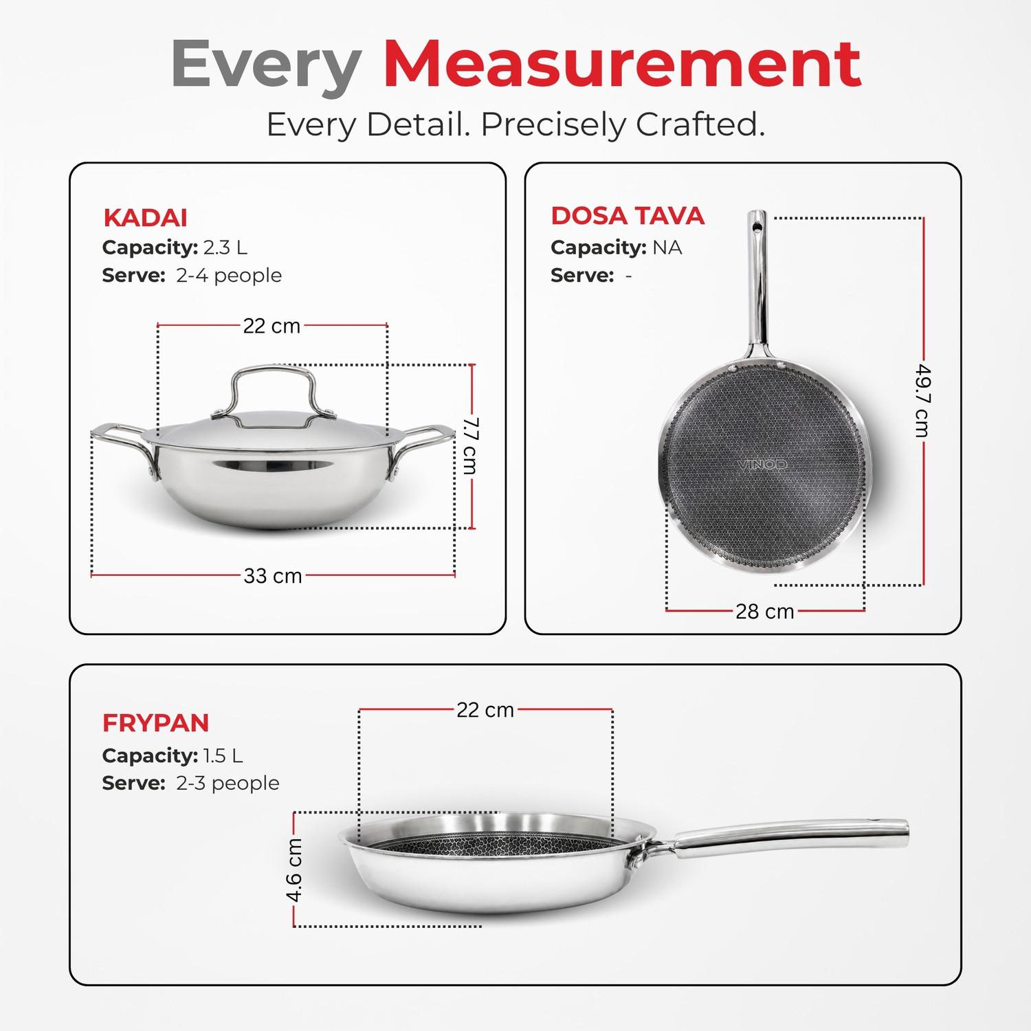 Image of VINOD Grandior Pro - Kadai 22cm With Lid, Frypan 22cm, Dosa Tawa 28cm Induction Bottom Non-Stick Coated Cookware Set (Triply, Stainless Steel, 1 - Piece)