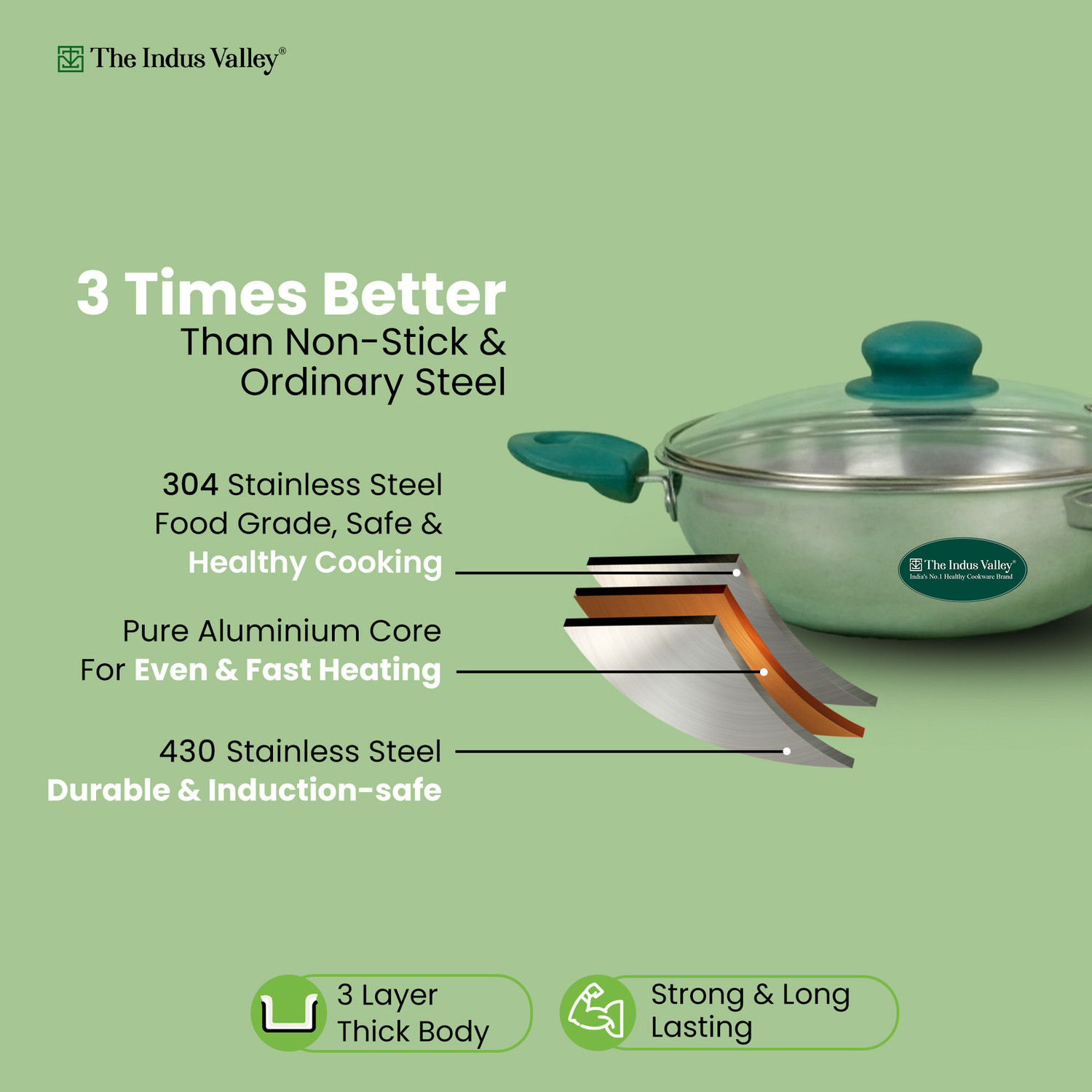 Image of The Indus Valley Triply Stainless Steel Cookware Set- kadai and Fry pan Induction Bottom Non-Stick Coated Cookware Set