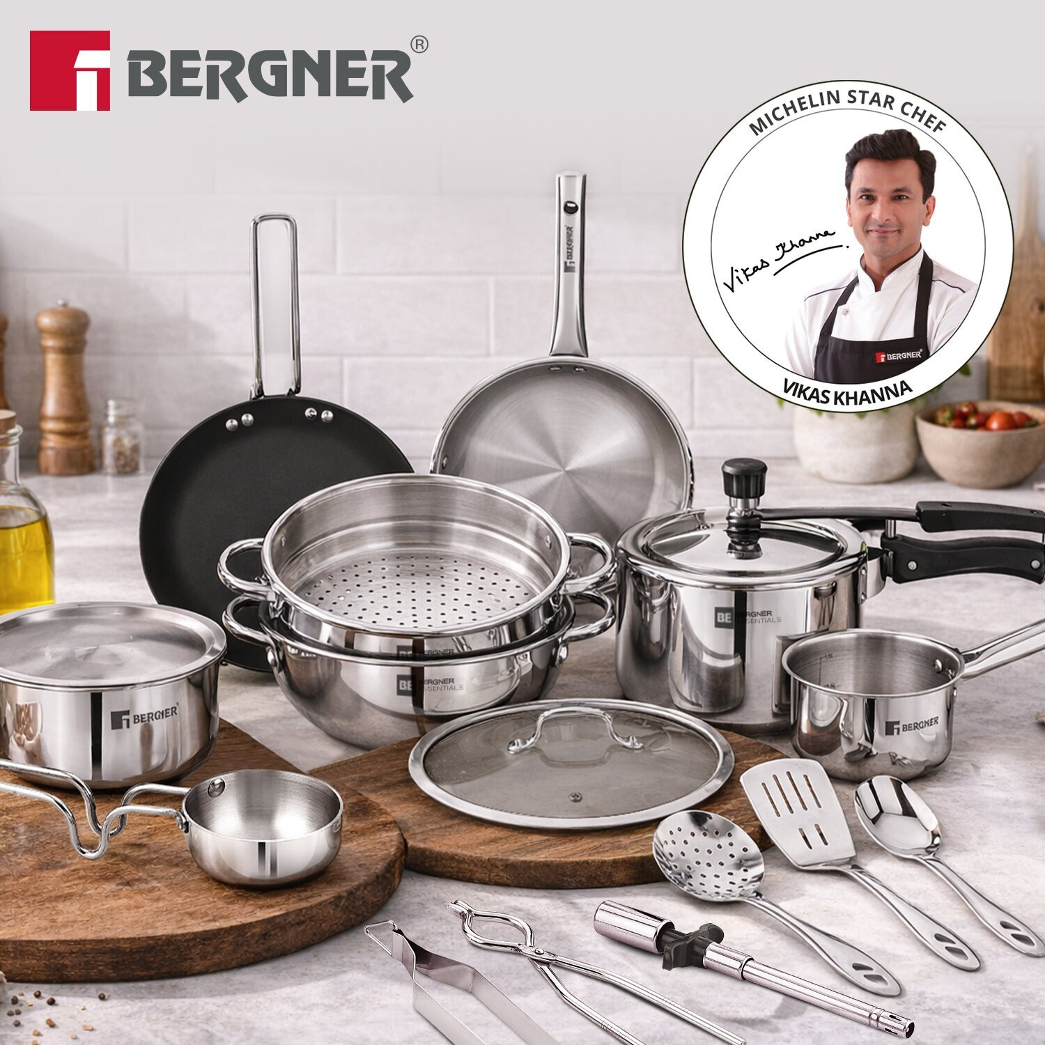 Image of BERGNER 17 Pcs Marriage Set, Triply Cookware Set, Consumes Less Oil, Healthy Cooking, Induction Bottom Cookware Set