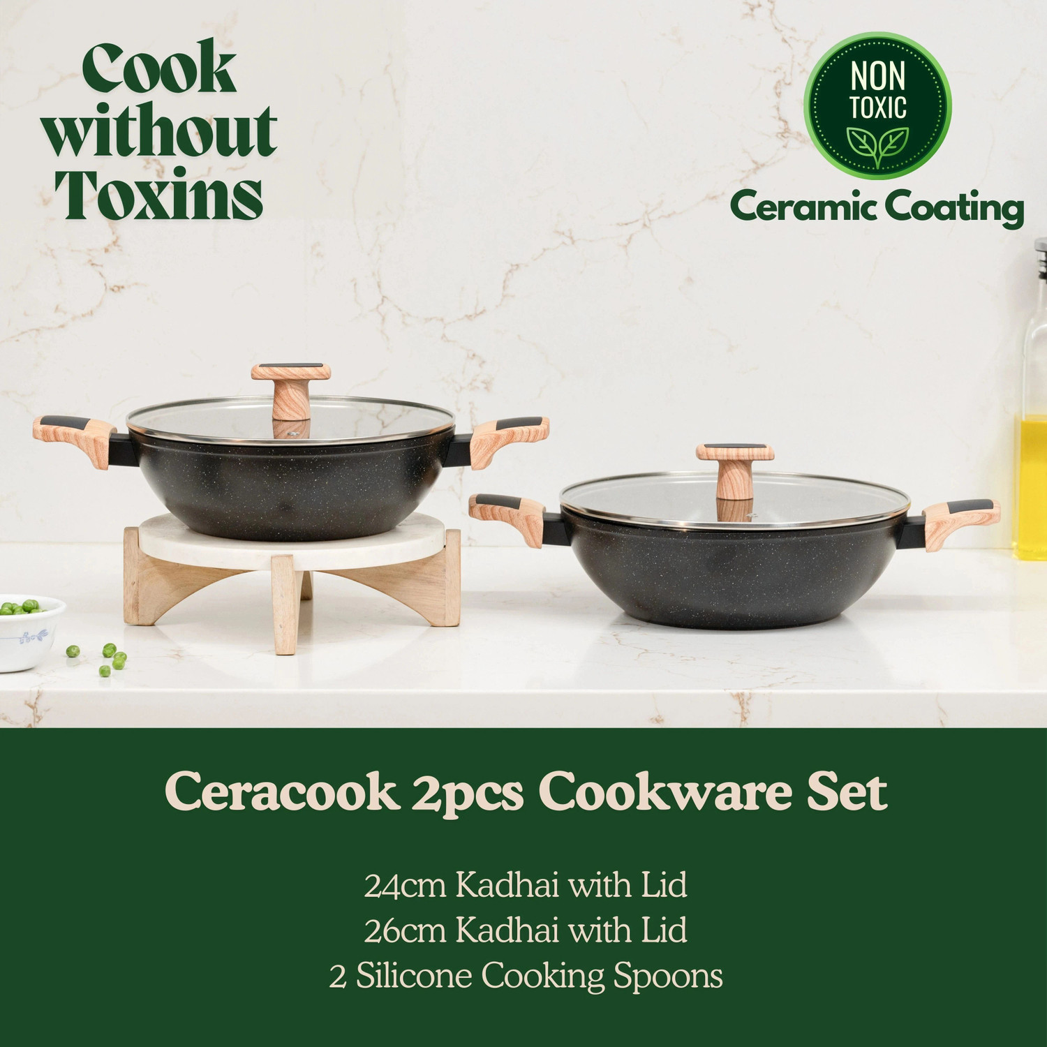 Image of Kreme Ceracook Granite Ceramic Kadhai Cookware Set of 2pcs Induction Bottom Cookware Set