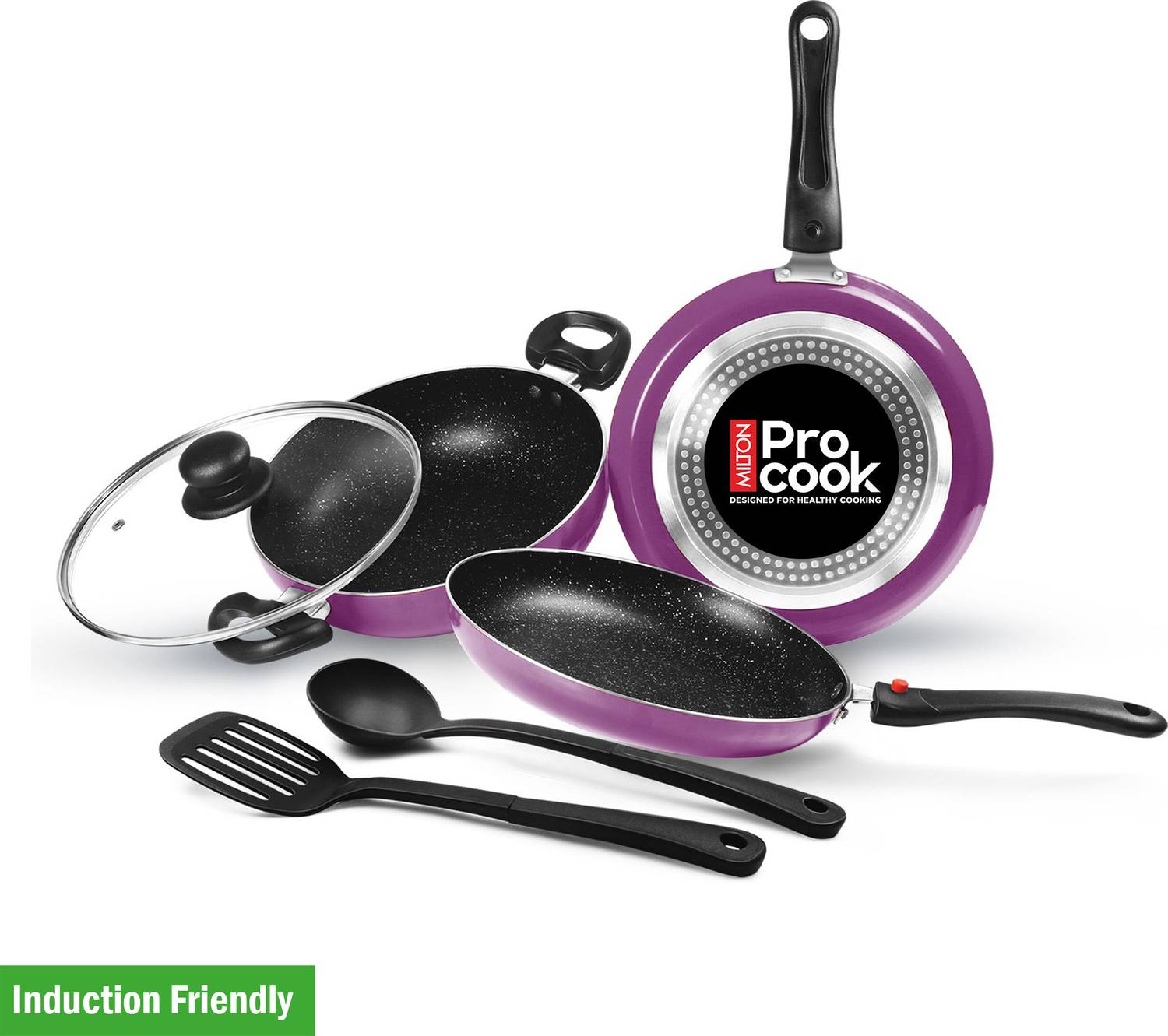 MILTON Pro Cook Kitchen Jewel Plus Granito, Dark Purple Induction Bottom Non-Stick Coated Cookware Set