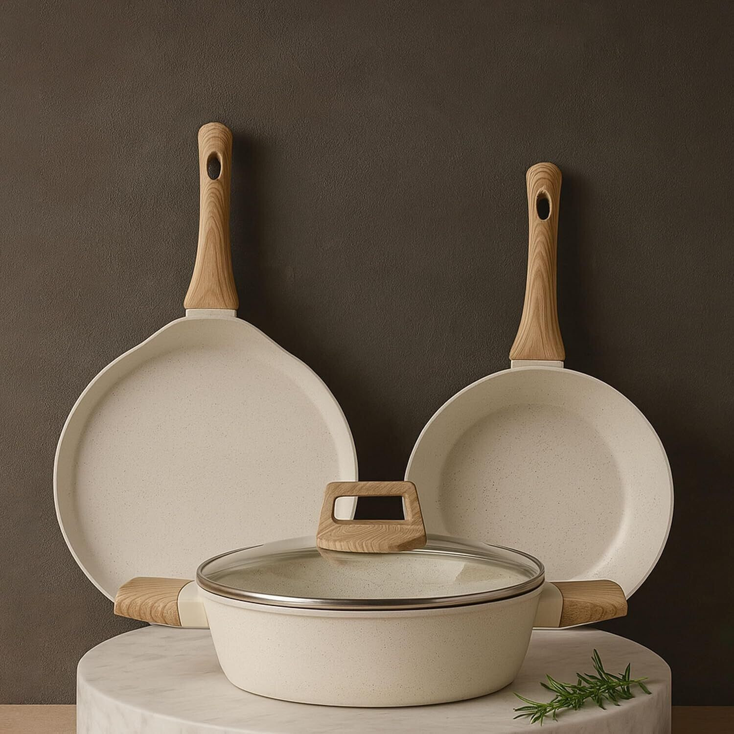 Image of Solara Ceramic Cookware Combo Dosa Tawa 28cm, Kadai 24cm, Fry pan 24cm, Ivory, Induction Bottom Non-Stick Coated Cookware Set (Aluminium, 3 - Piece)