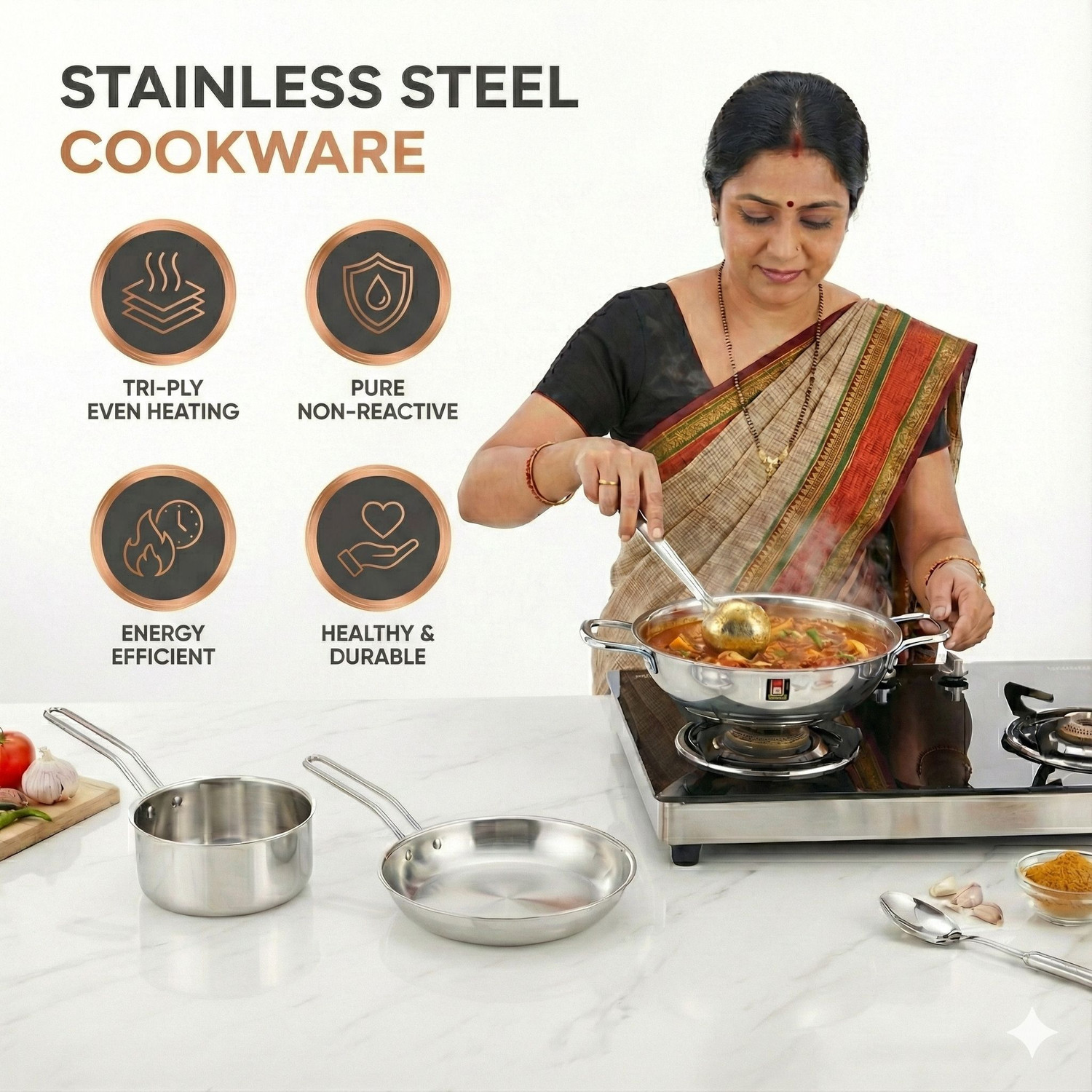 Image of Human Hydro Prime Triply Cookware Combo - 16cm Sauce Pan, 22cm Fry Pan, 24cm Kadai Induction Bottom Cookware Set