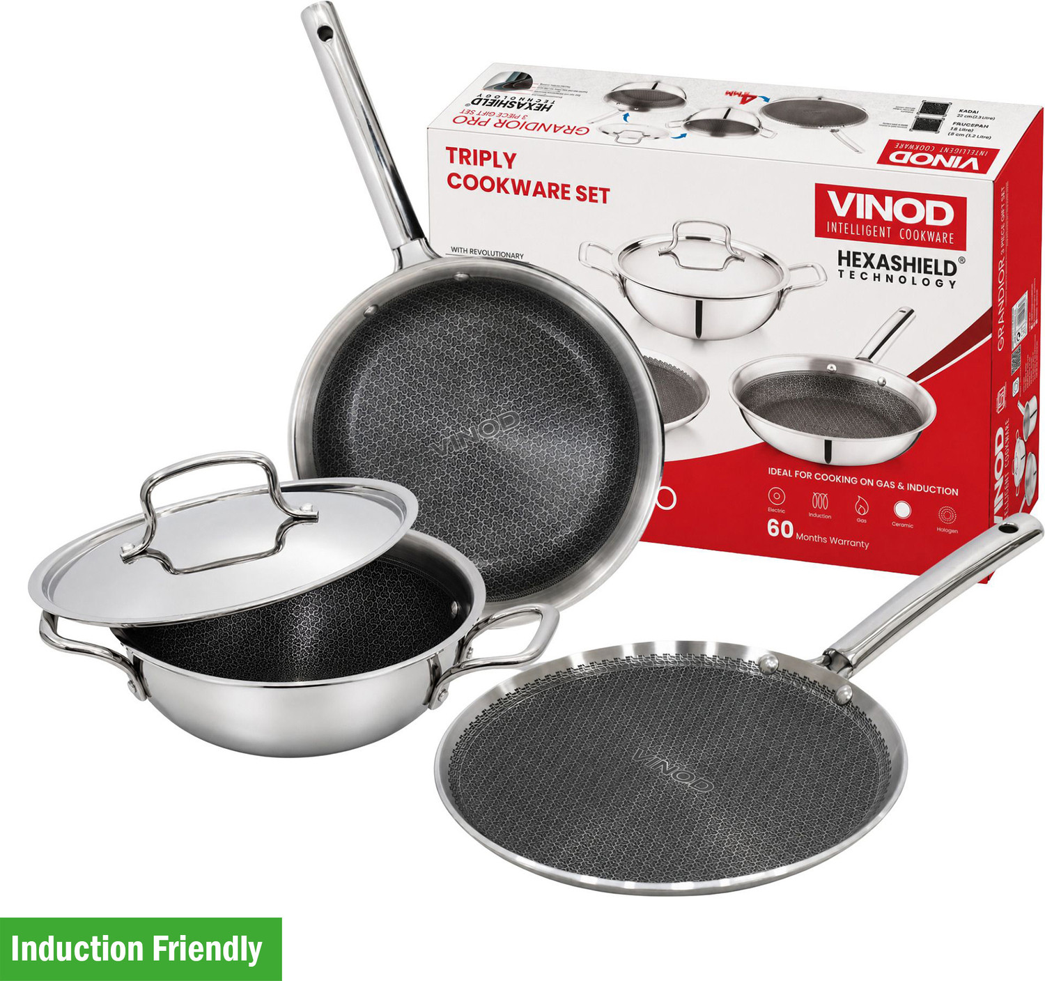 Image of VINOD Grandior Pro - Kadai 22cm With Lid, Frypan 22cm, Dosa Tawa 28cm Induction Bottom Non-Stick Coated Cookware Set (Triply, Stainless Steel, 1 - Piece)