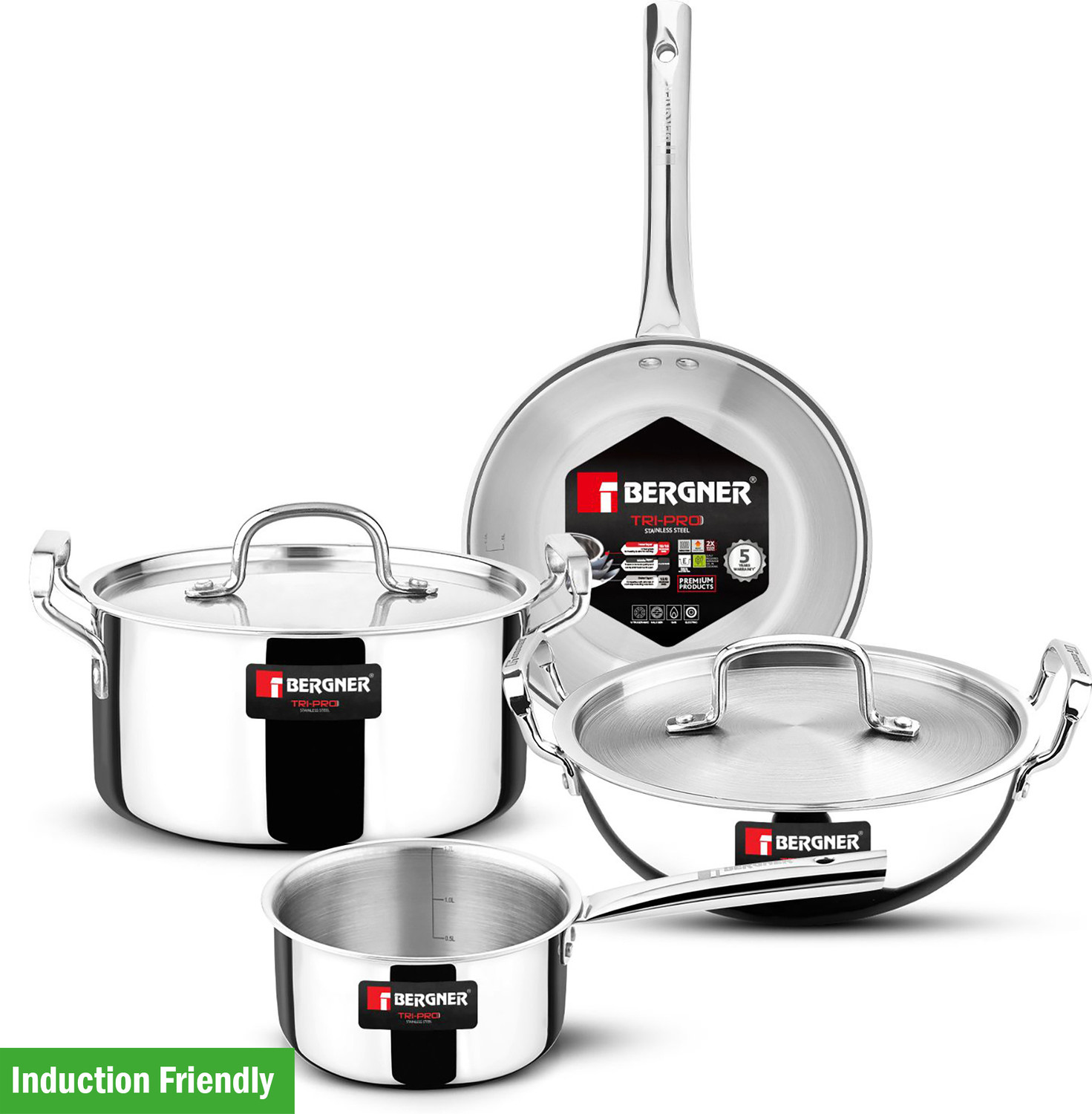 Image of BERGNER TriPro Triply Stainless Steel 6 Pcs Cookware Set, Less Oil, Healthy Cooking, Induction Bottom Cookware Set