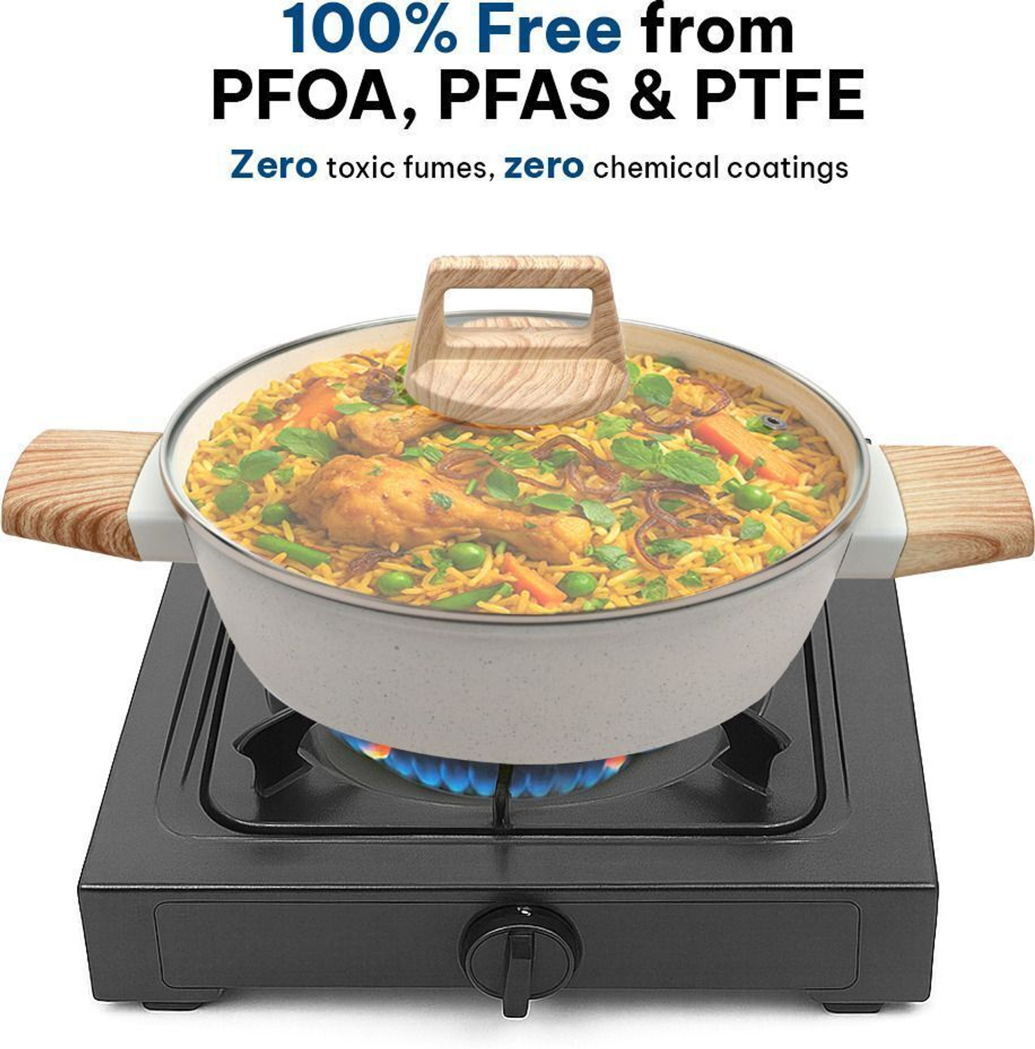 Image of Solara Ceramic Cookware Combo Dosa Tawa 28cm, Kadai 24cm, Fry pan 24cm, Ivory, Induction Bottom Non-Stick Coated Cookware Set (Aluminium, 3 - Piece)