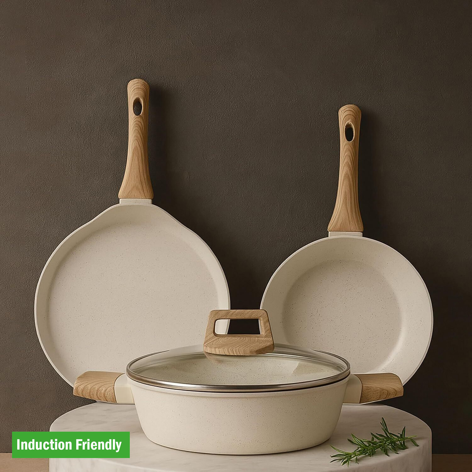Image of Solara Ceramic Cookware Combo Dosa Tawa 28cm, Kadai 24cm, Fry pan 24cm, Ivory, Induction Bottom Non-Stick Coated Cookware Set (Aluminium, 3 - Piece)