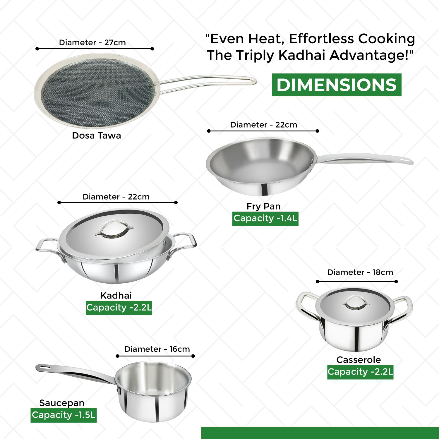 Image of Sigri-wala Triply 7Pcs Combo Kadai22cm, FryPan22cm,Saucepan16cm,Casserole18cm,Tawa27cm,LID Induction Bottom Cookware Set