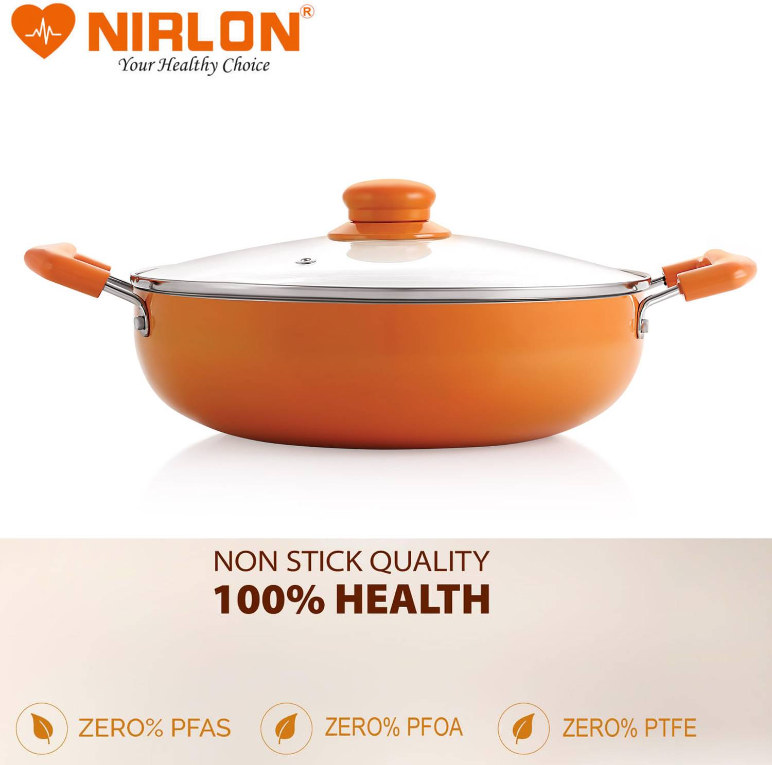 NIRLON 3.6L Orange Ceramic Non-Stick Kadhai 26cm - Image 5