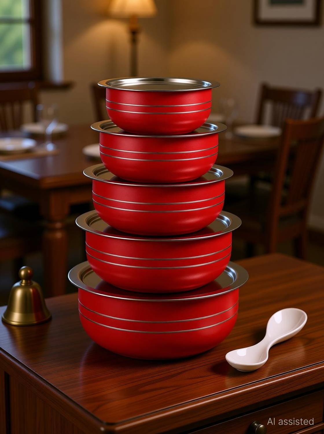 LIMETRO STEEL Set of 5 Steel Handi Set (Red) / Urli Set / Steel Cookware Set Cookware Set