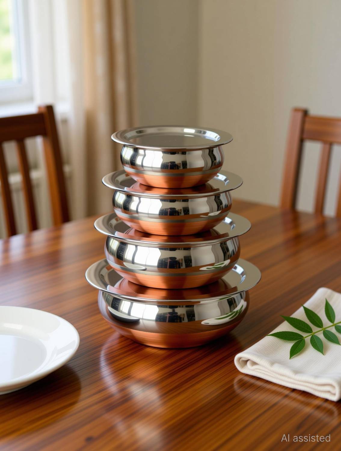 RBGIIT Stainless Steel Copper Bottom Cooking Serving Pot with Lid Biryani Handi 4 Pc K2 Cookware Set