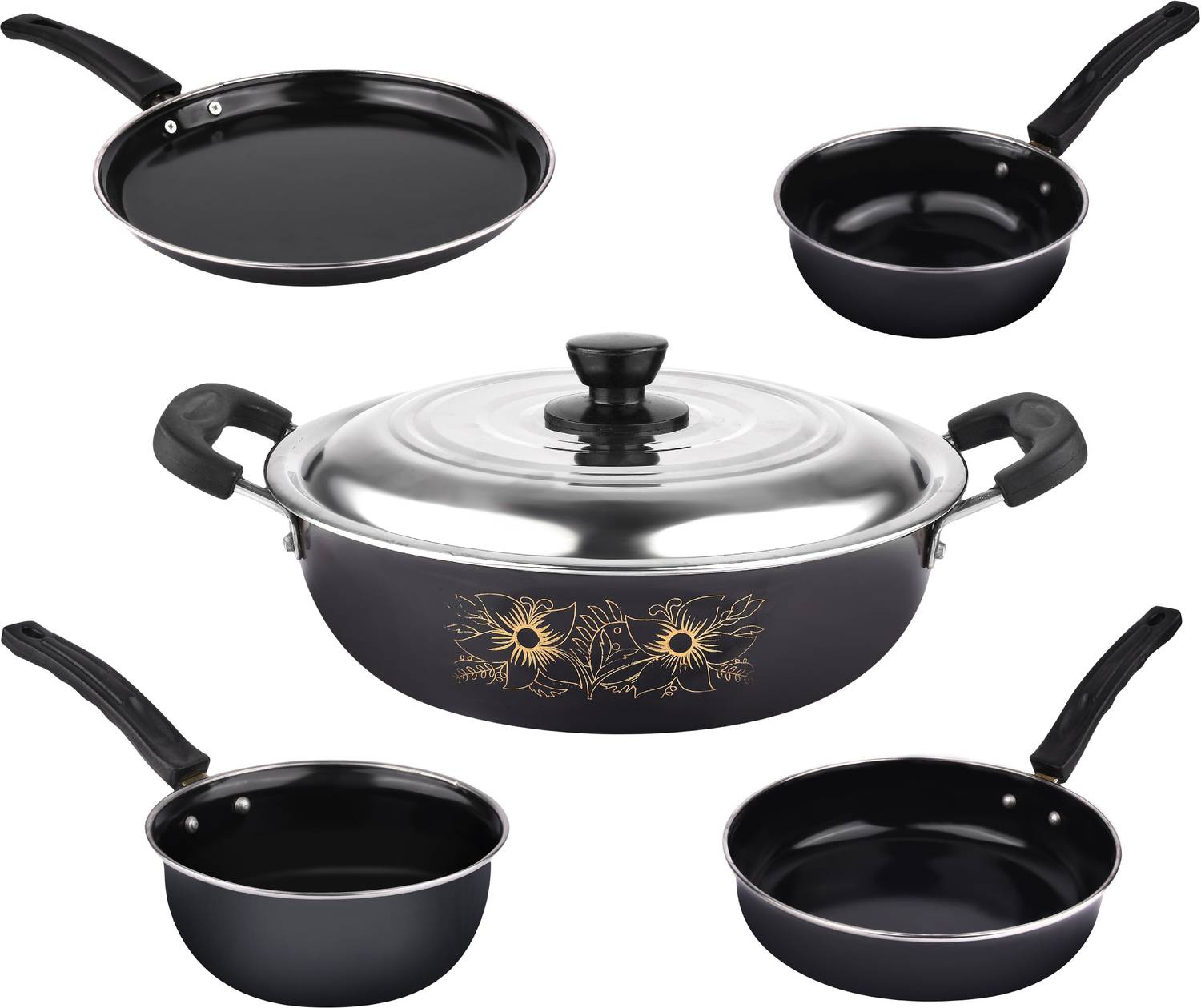 Maharajee Nonstick of 5pc, Kadhai(With Lid) Frypan,Sauce Pan,Tadk
