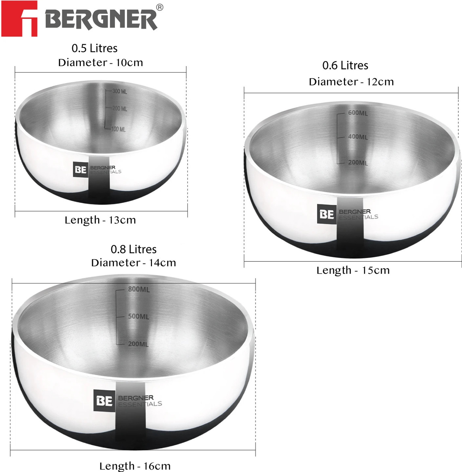 Image of BERGNER BE Essentials Cook and Serve TriPly Stainless Steel 3 Pcs Mini Tasra Set, Induction Bottom Cookware Set