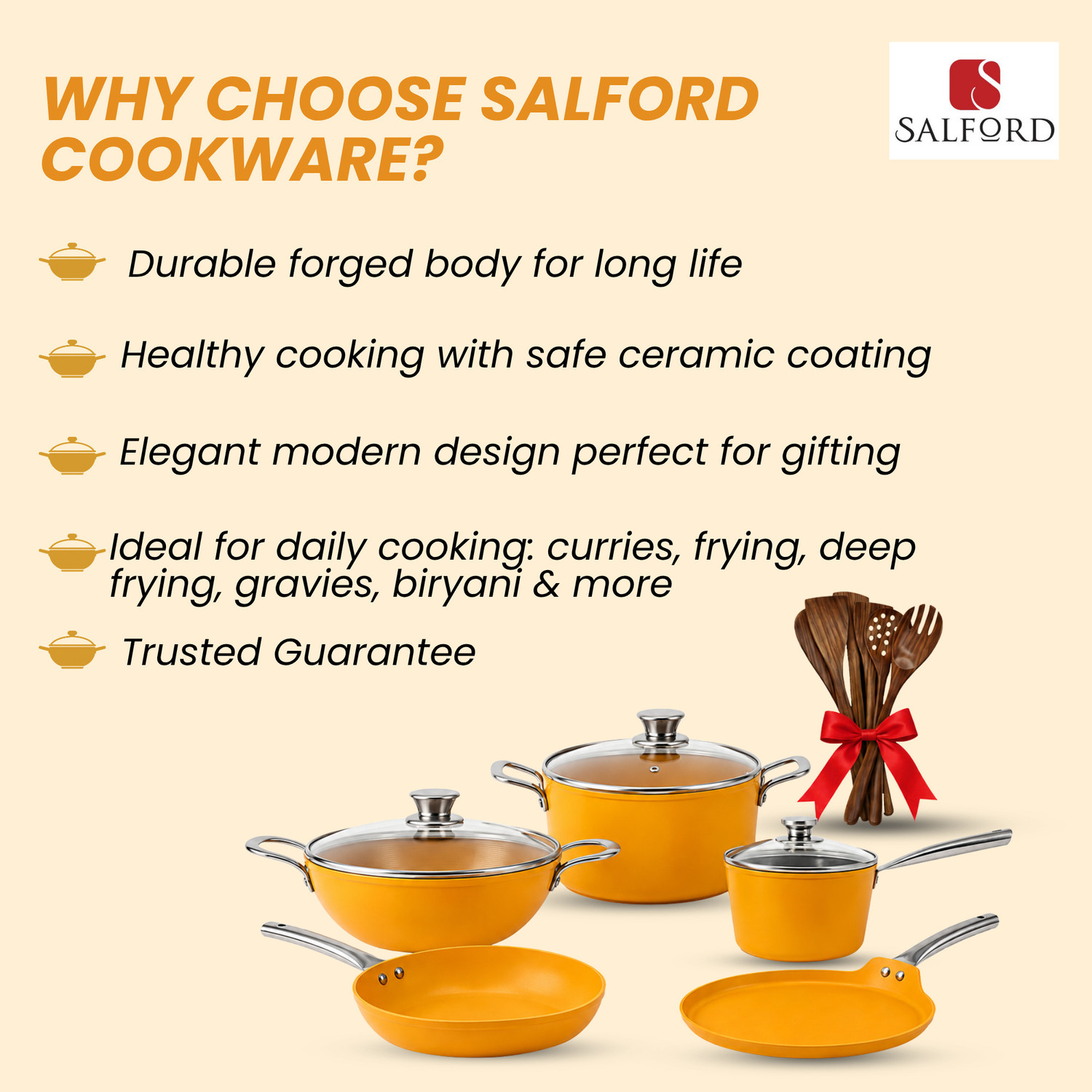 Image of Salford Forged Ceramic Non-Stick 14 Pcs Set Mustard Yellow Induction Bottom Non-Stick Coated Cookware Set
