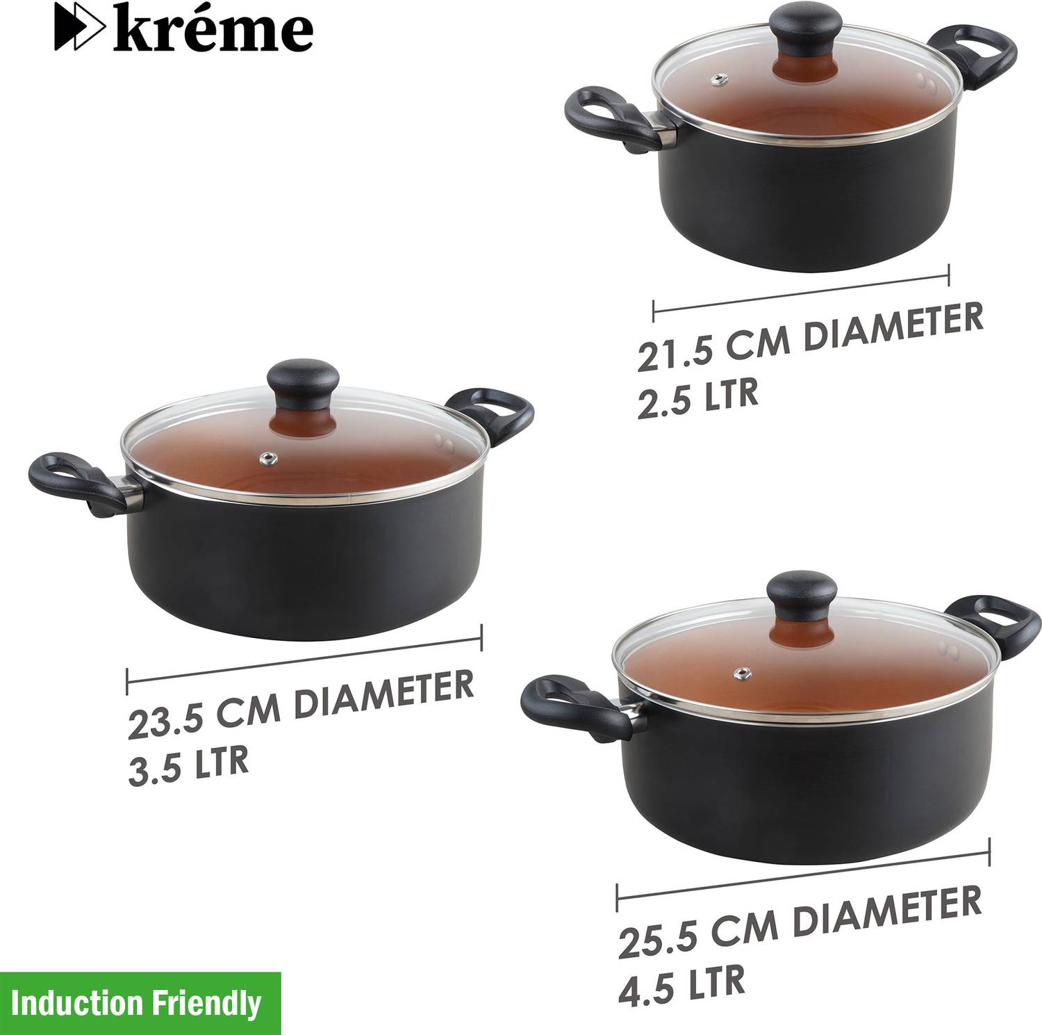 Kreme Casserole 2.5L + 3.5L + 4.5L Induction Bottom Non-Stick Coated Cookware Set