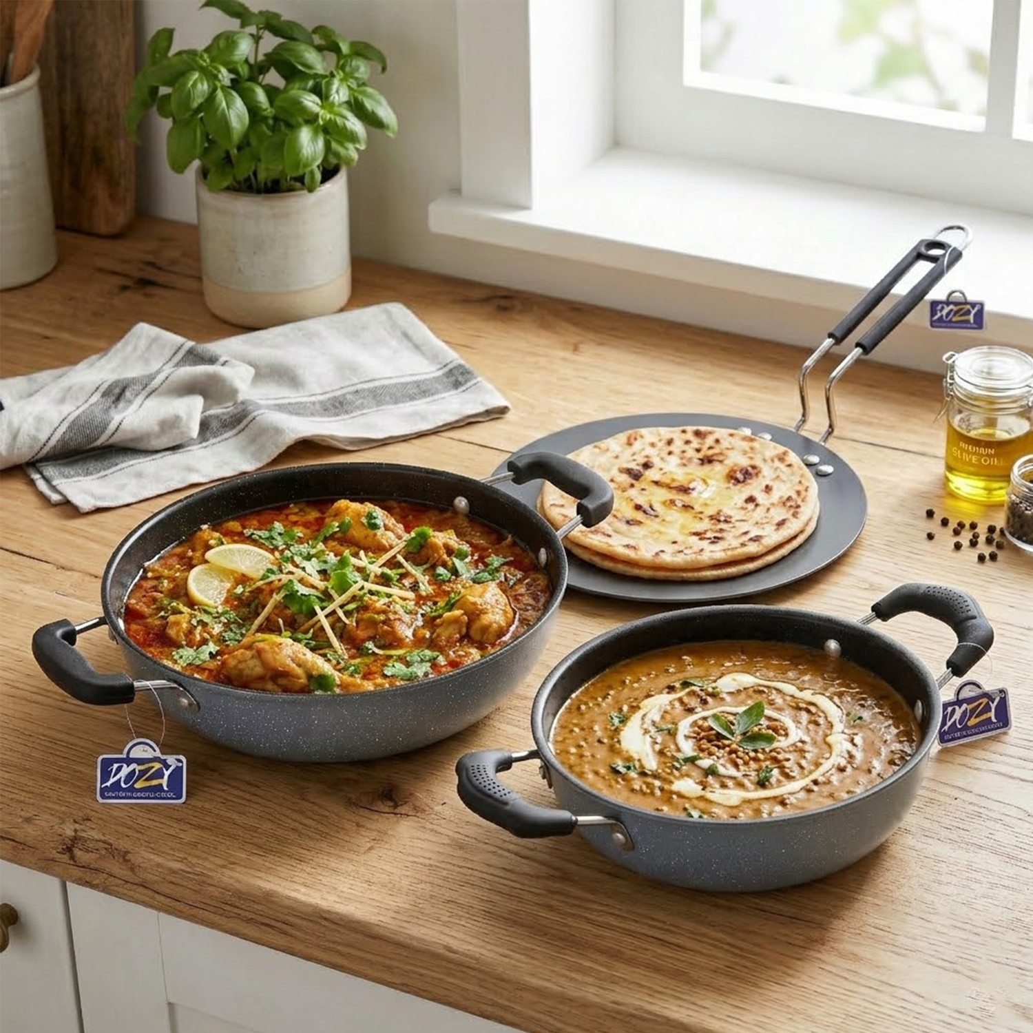 Image of Dozy Iron-Rich Nonstick 3-Piece Cookware Combo: Kadhai & Tawa Set Induction Bottom Non-Stick Coated Cookware Set