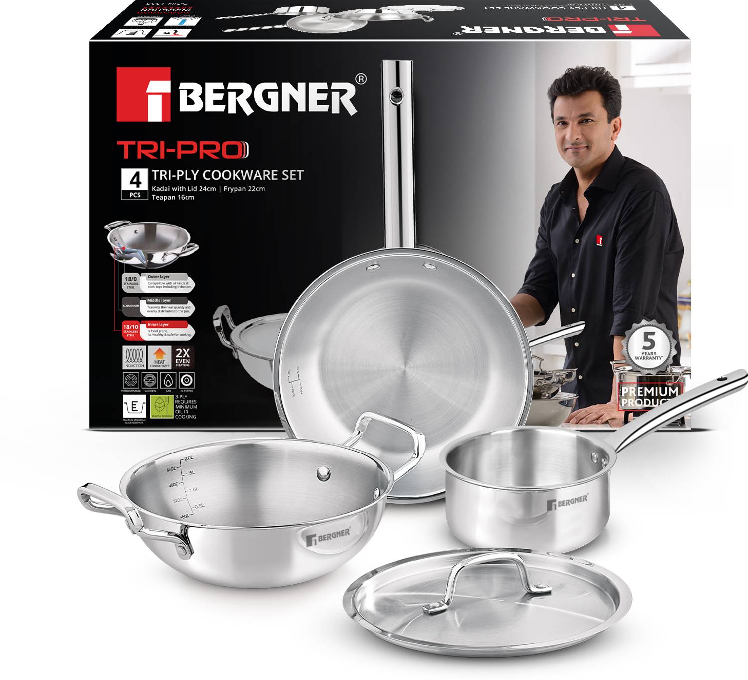 BERGNER Tripro TriPly Stainless Steel 4 Pcs Cookware Set Induction Bottom Cookware Set — Fry Pans & Cookware Sets