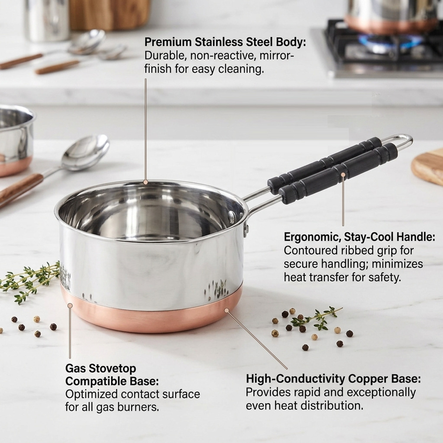 Image of GaxQuly Stainless Steel Copper Base Saucepan /Cookware /Container /Cooking Pot with Handle Induction Bottom Cookware Set