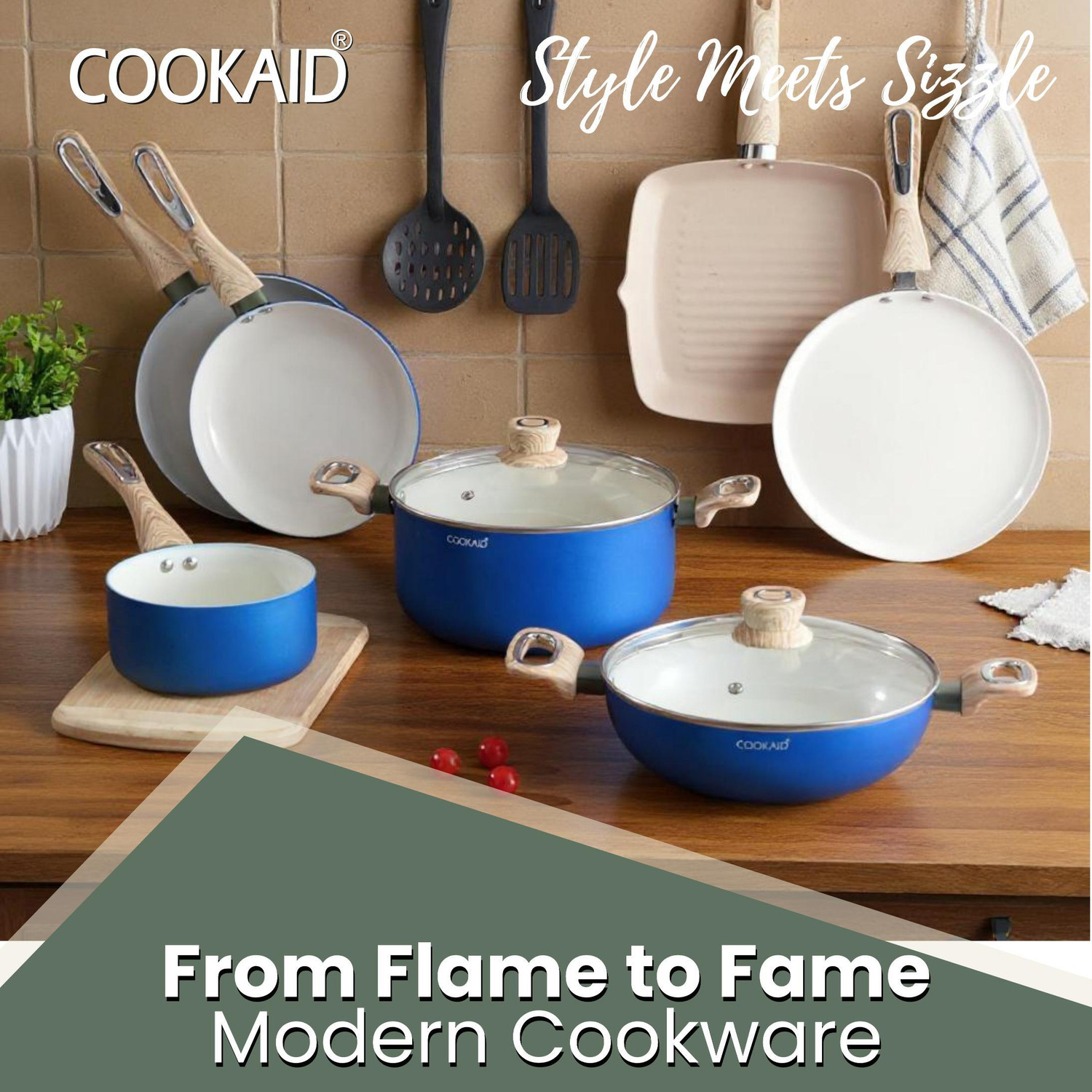 Image of Cook Aid Ceramic Non stick Coating Cook and Serve Induction Bottom Non-Stick Coated Cookware Set