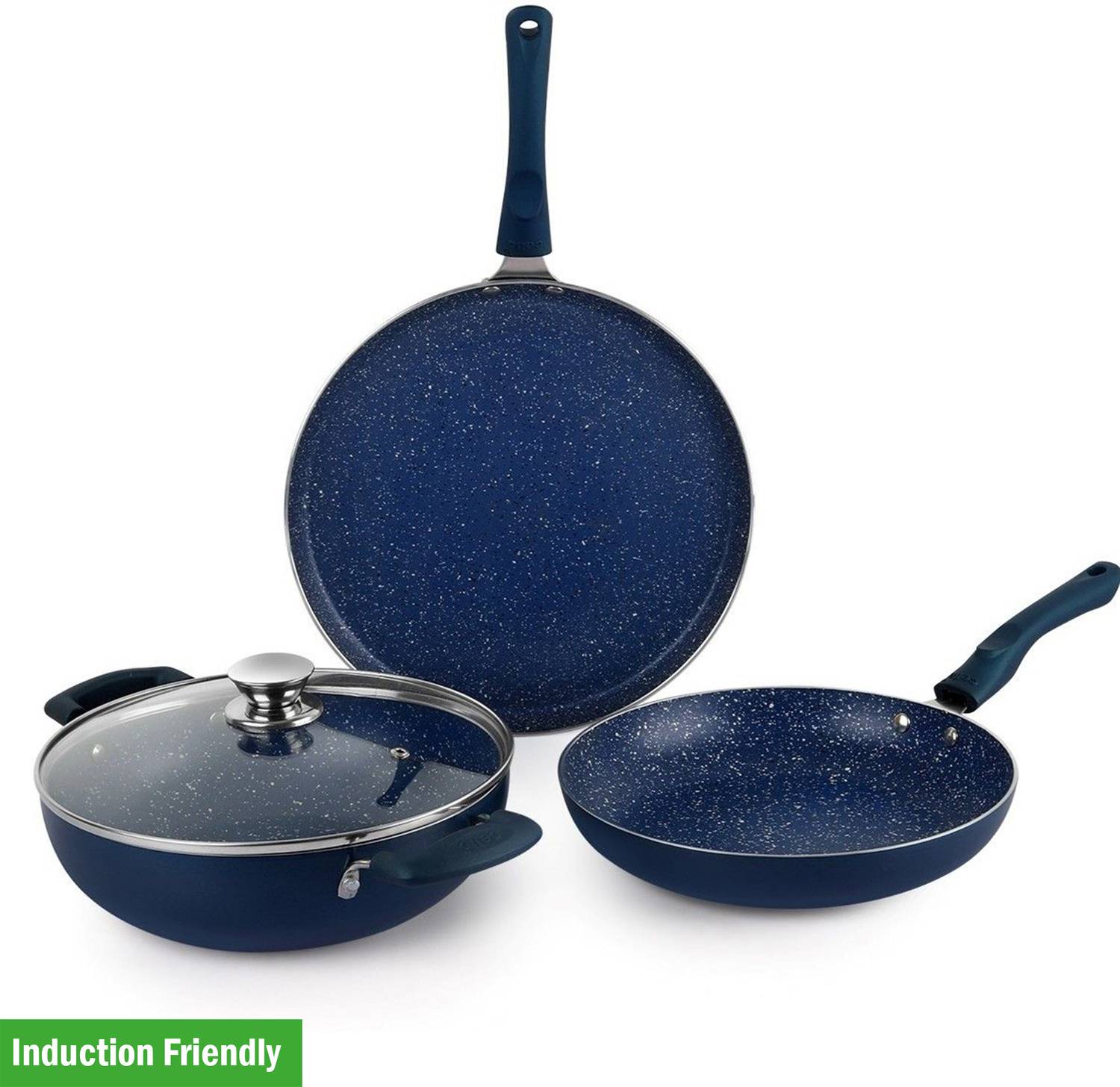 cello Non Stick Induction Bottom 4 Pcs Cookware Set (Dosa Tawa 28cm, Frying Pan 24cm, Kadhai 2.5ltr with Glass Lid) Induction Bottom Cookware Set