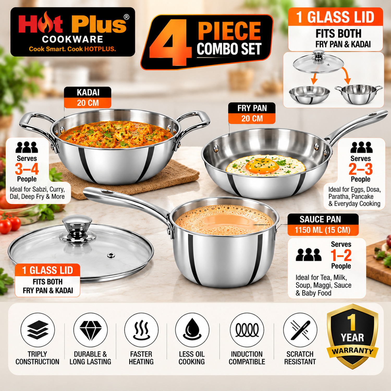 Image of hot plus Triply Stainless Steel Kadai, Fry Pan & Saucepan Combo with Glass Lid Induction Bottom Cookware Set (Triply, 4 - Piece)