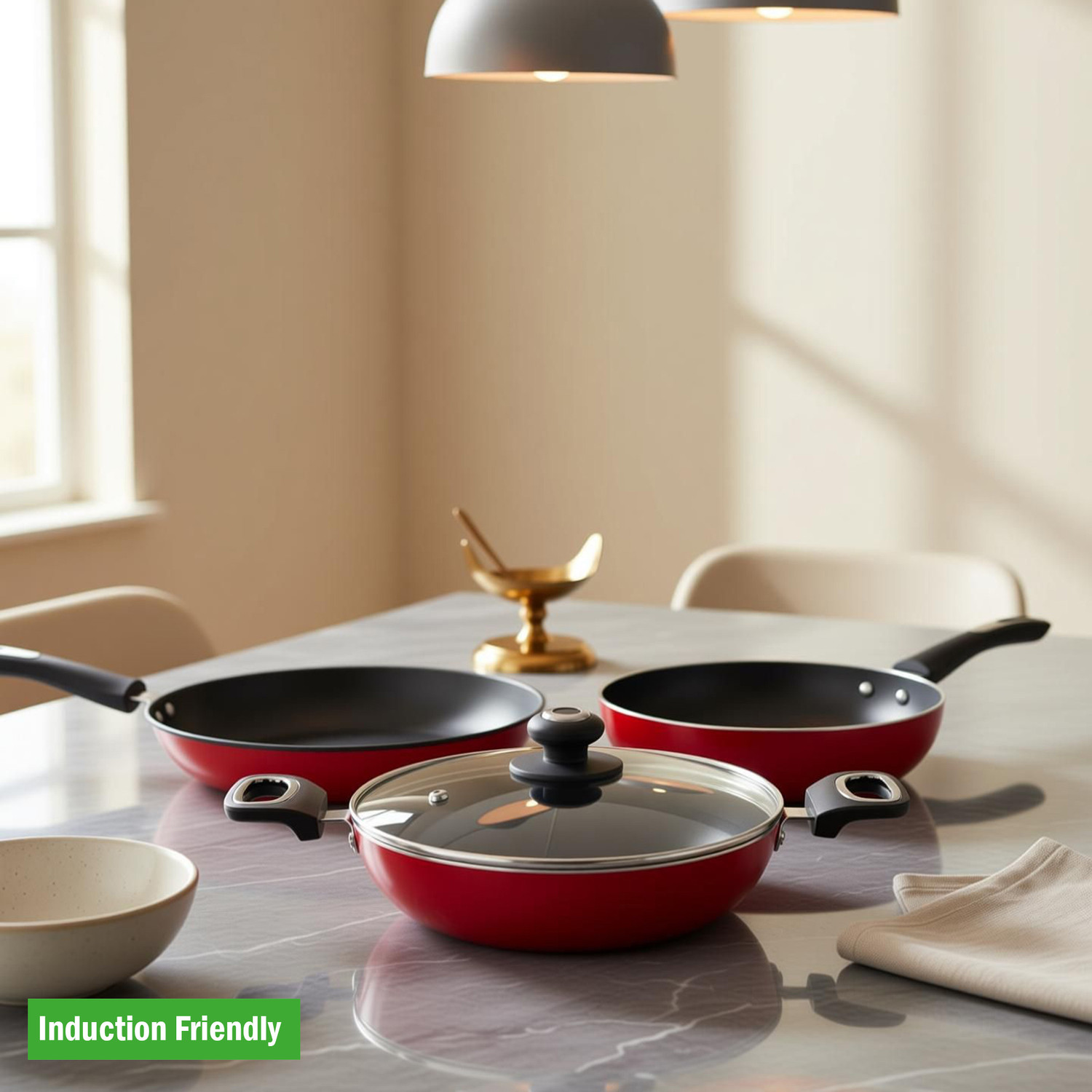 Image of Preethi Dura Collection Non Stick Set, 28cm Tawa, 26cm Frying Pan, 26cm Kadai,With Lid Induction Bottom Non-Stick Coated Cookware Set (Aluminium, 3 - Piece)