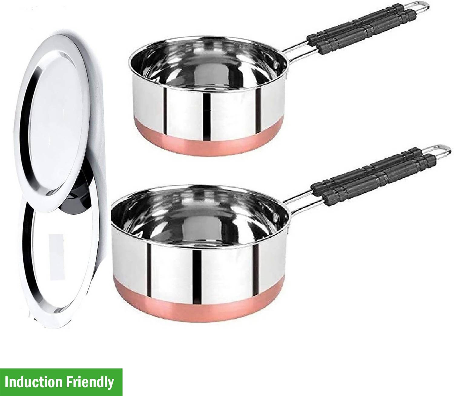 LIMETRO STEEL Set of 2 Flat Bottom Copper Base Induction Friendly Saucepan with Lid Induction Bottom Cookware Set