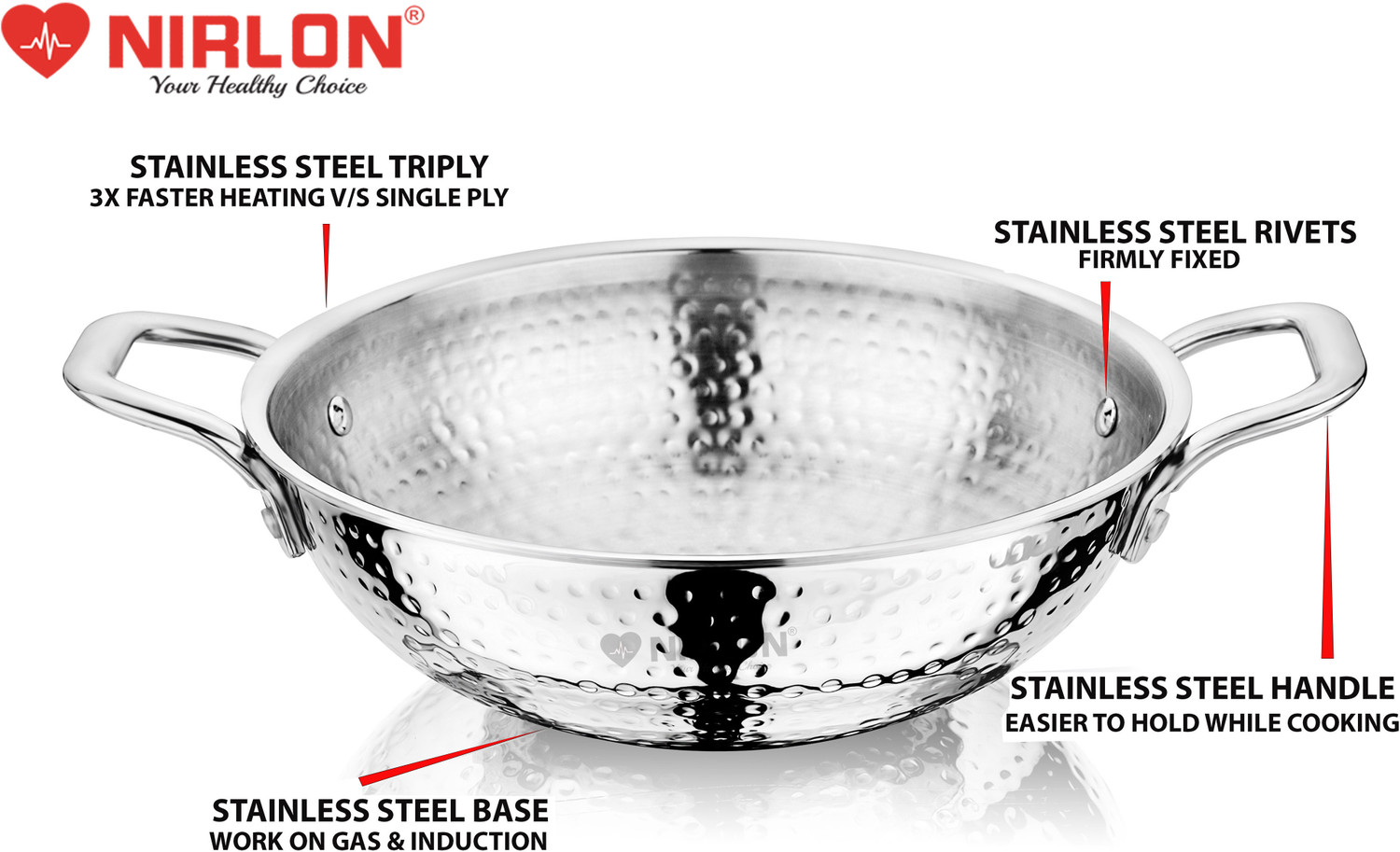 Image of NIRLON Hammered Triply Steel Cookware Kadai-Wok-Kadhai Set of 2 18cm-1.2L|26cm-3.5L Induction Bottom Cookware Set
