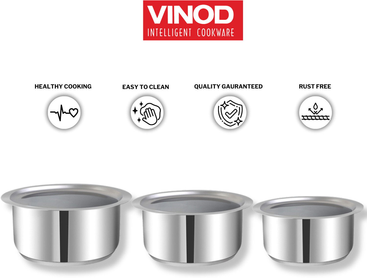 Image of VINOD Stainless Steel Set Of 3 Capsule Bottom Tapeli,Patila,Cooking Bowl,Cookware Set Tope /Bhagona /Patila with Lid 1.4 l,, 1.8 l, 2.2 L capacity 11 cm, 12 cm, 13 cm diameter