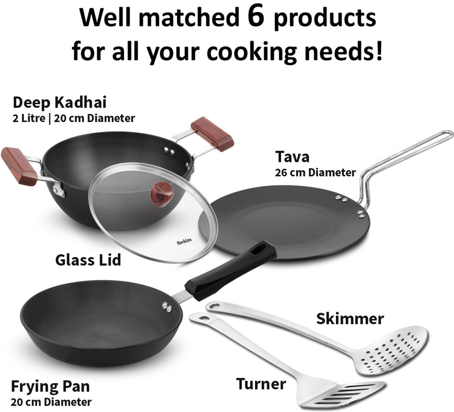 Image of Hawkins Futura Gift Set - Kadhai, Frying Pan, Tava, Lid, Skimmer, Turner (HAGP1) Induction Bottom Cookware Set