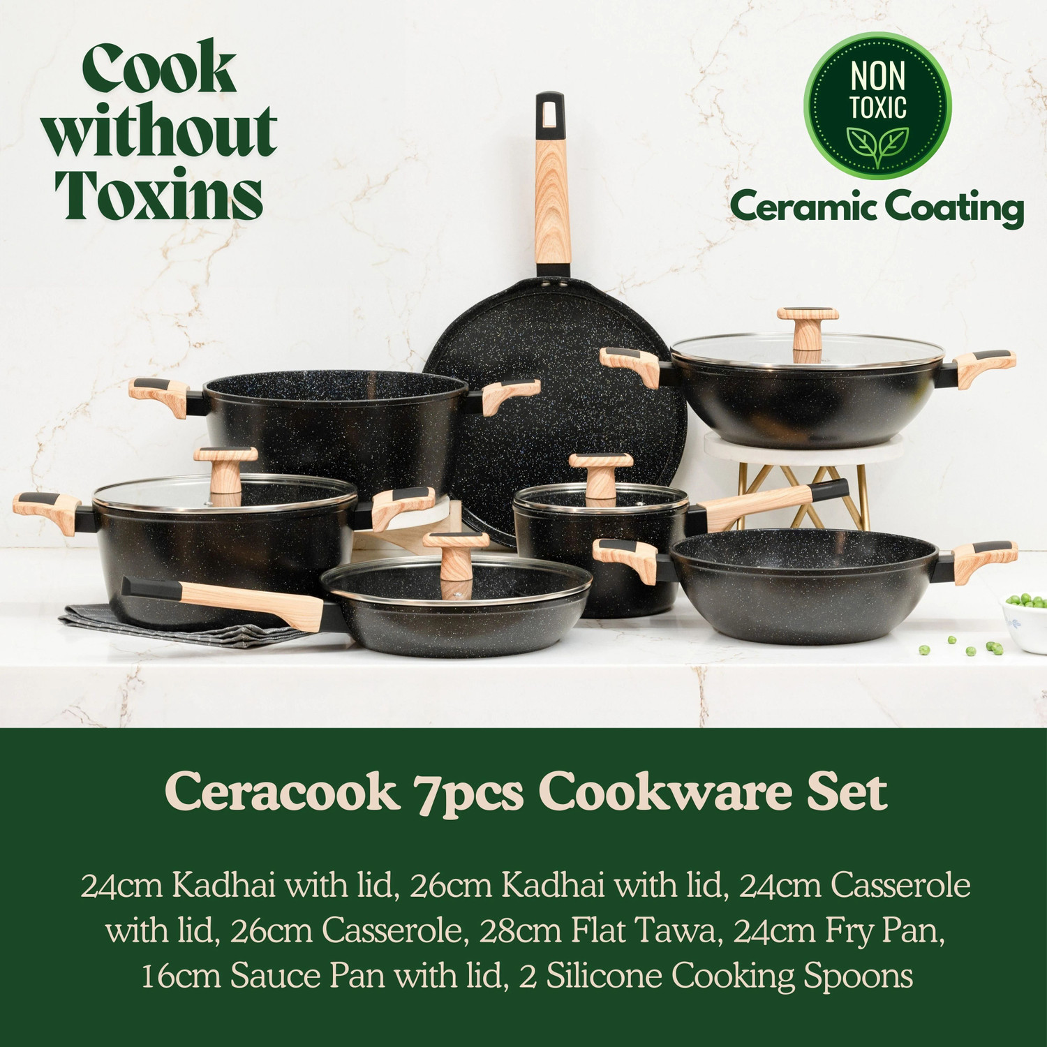 Image of Kreme Ceracook Granite Ceramic Cookware Set of 7pcs Induction Bottom Cookware Set