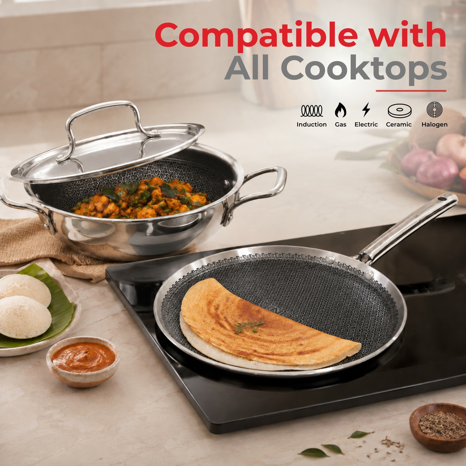 Image of VINOD Grandior Pro - Kadai 22cm With Lid, Frypan 22cm, Dosa Tawa 28cm Induction Bottom Non-Stick Coated Cookware Set (Triply, Stainless Steel, 1 - Piece)