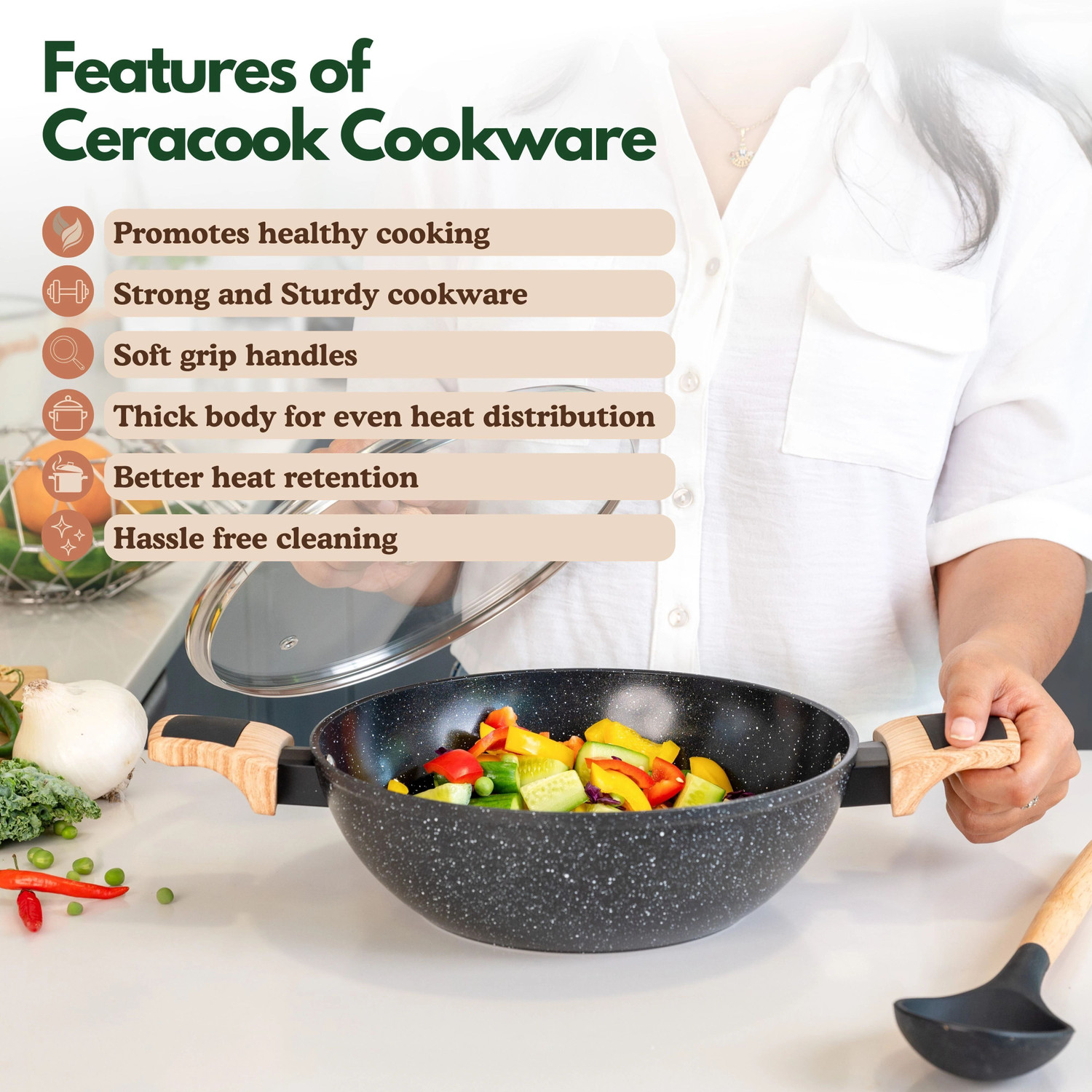 Image of Kreme Ceracook Granite Ceramic Kadhai Cookware Set of 2pcs Induction Bottom Cookware Set