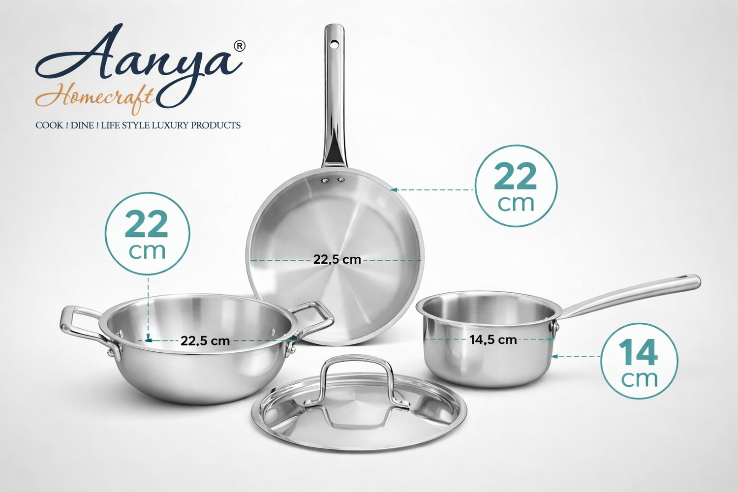 Image of Aanya Homecraft Smart Cook 4 pcs Tri-Ply Stainless Steel Induction Bottom Cookware Set