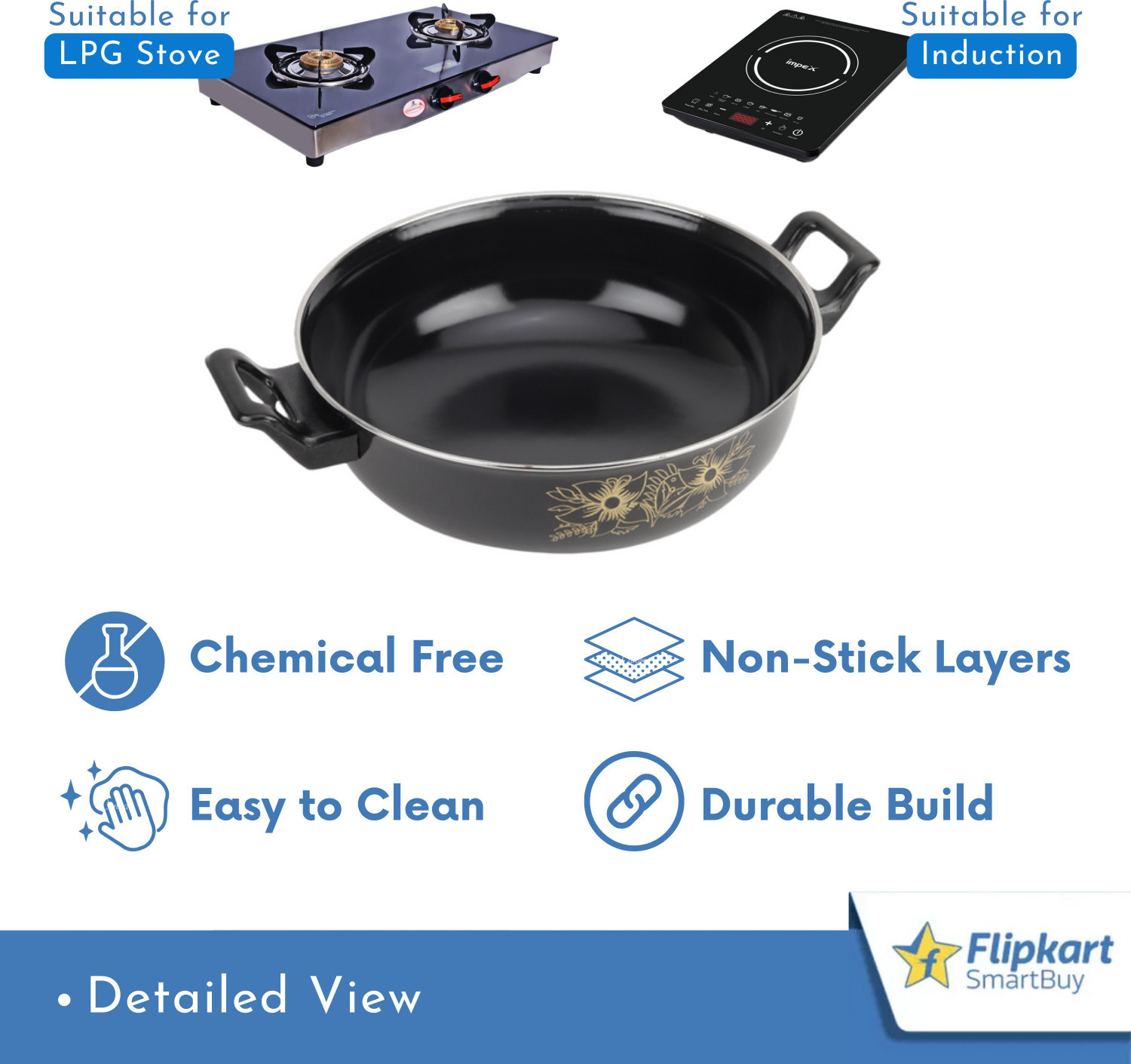 Image of Flipkart SmartBuy Cookware Set - Kadhai, Tawa, Fry Pan, Sauce Pan, Tadka Pan, 5 Wooden Spatula - Induction Bottom Non-Stick Coated Cookware Set